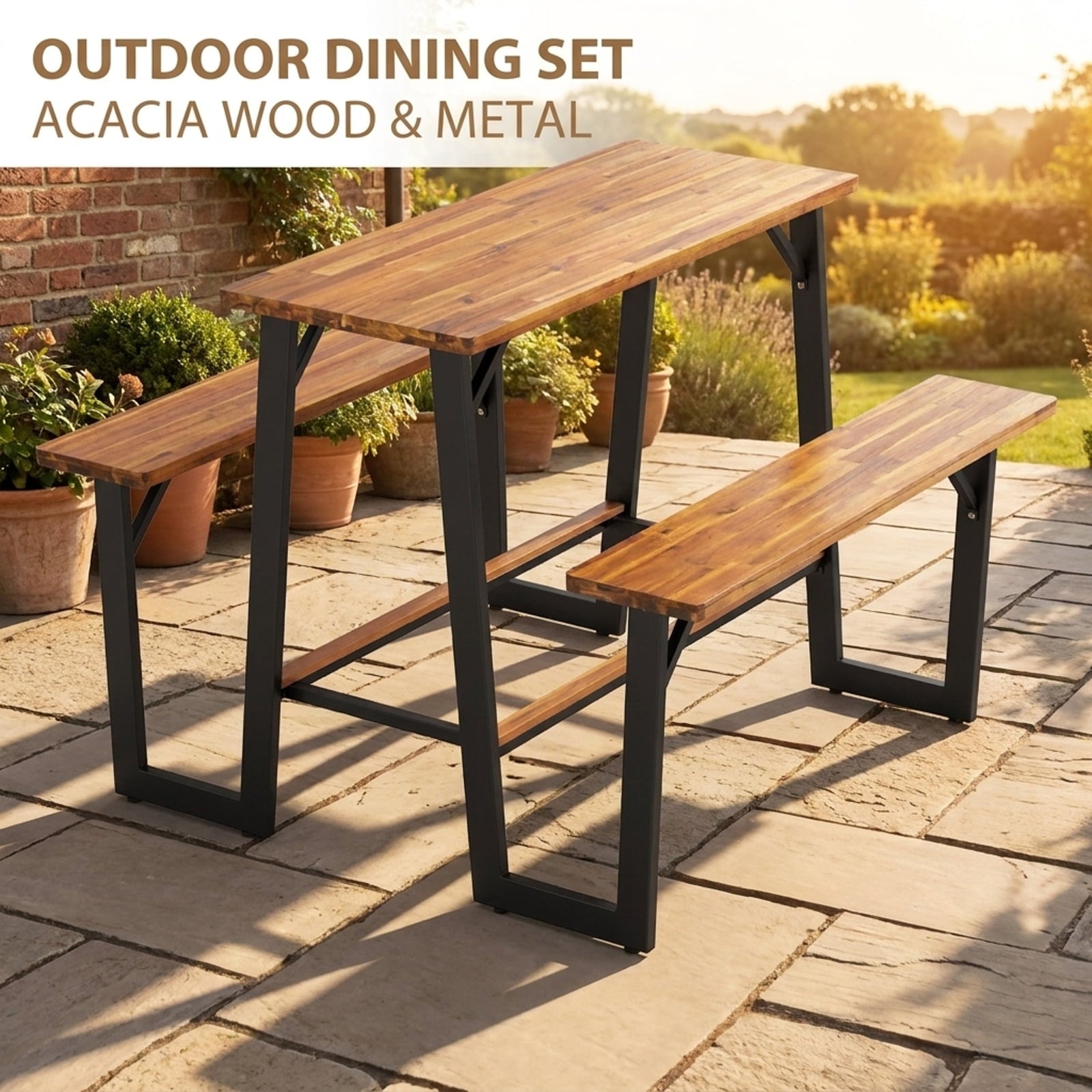 Biotree Patio Picnic Table Bench Set with Acacia Wood Tabletop and Benchtop, Black