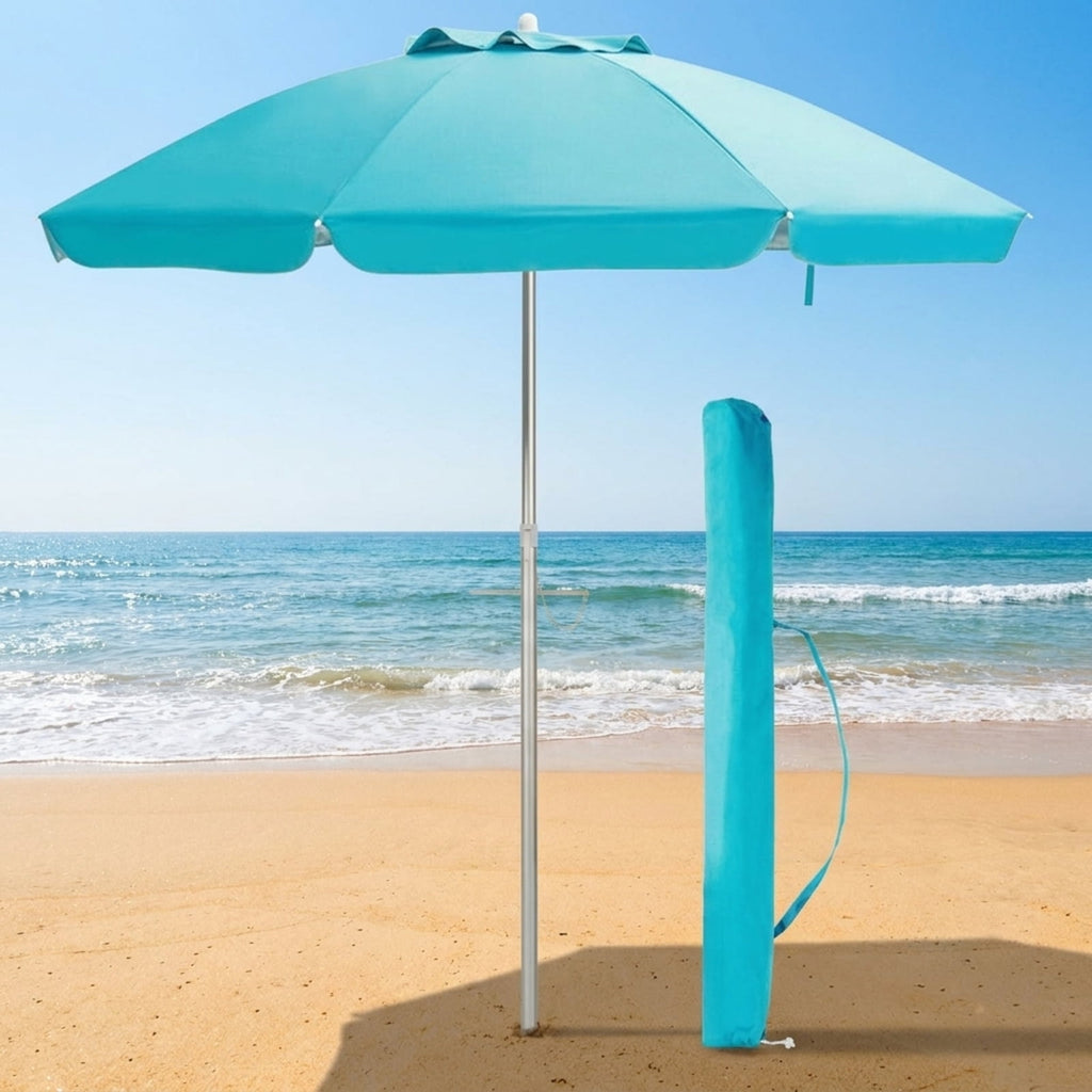 Biotree 6.5 ft Portable Beach Umbrella with Carrying Bag, 6 Ribs, Sand Tilt Mechanism - Blue for Backyard