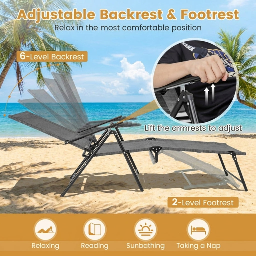 Biotree 2 Piece Patio Folding Chaise Lounge Chairs Recliner with 6-Level Backrest Stackable Patio Chair for Garden BackyardGray