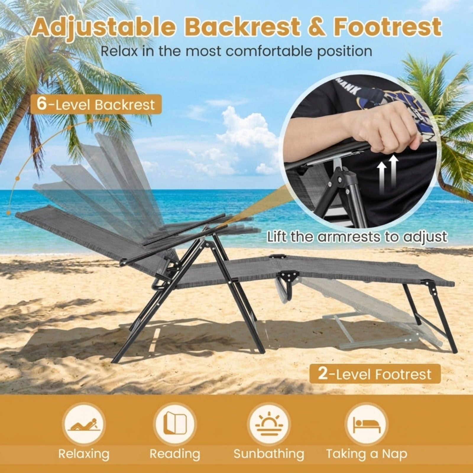 Biotree 2 Piece Patio Folding Chaise Lounge Chairs Recliner with 6-Level Backrest Stackable Patio Chair for Garden BackyardGray
