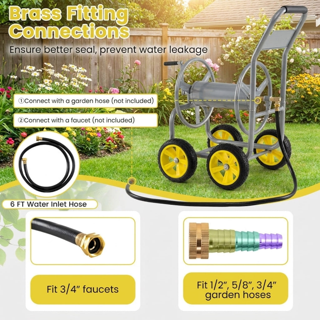 Biotree Garden Hose Reel Cart 4 Wheels Heavy-Duty Metal Water Hose Organizer Portable for Garden Yard Lawn Watering Outdoor, Silver