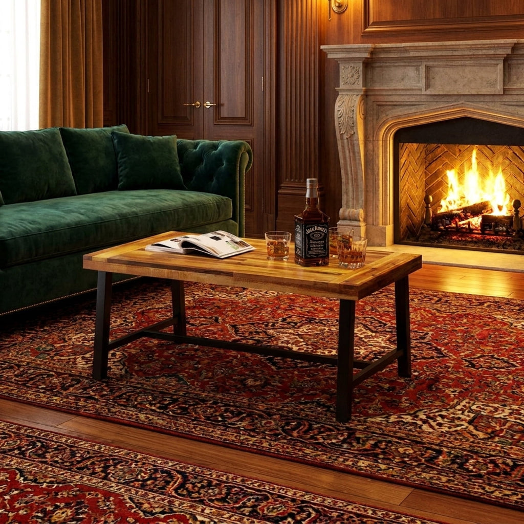 Biotree Acacia Wood Coffee Table with Thickened Top and Heavy-duty Metal Legs, Black