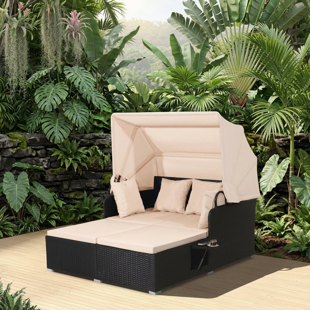 Biotree Patio Rattan Daybed with Retractable Canopy and Side Tables Outdoor Conversation Set for Garden Backyard PorchBeige