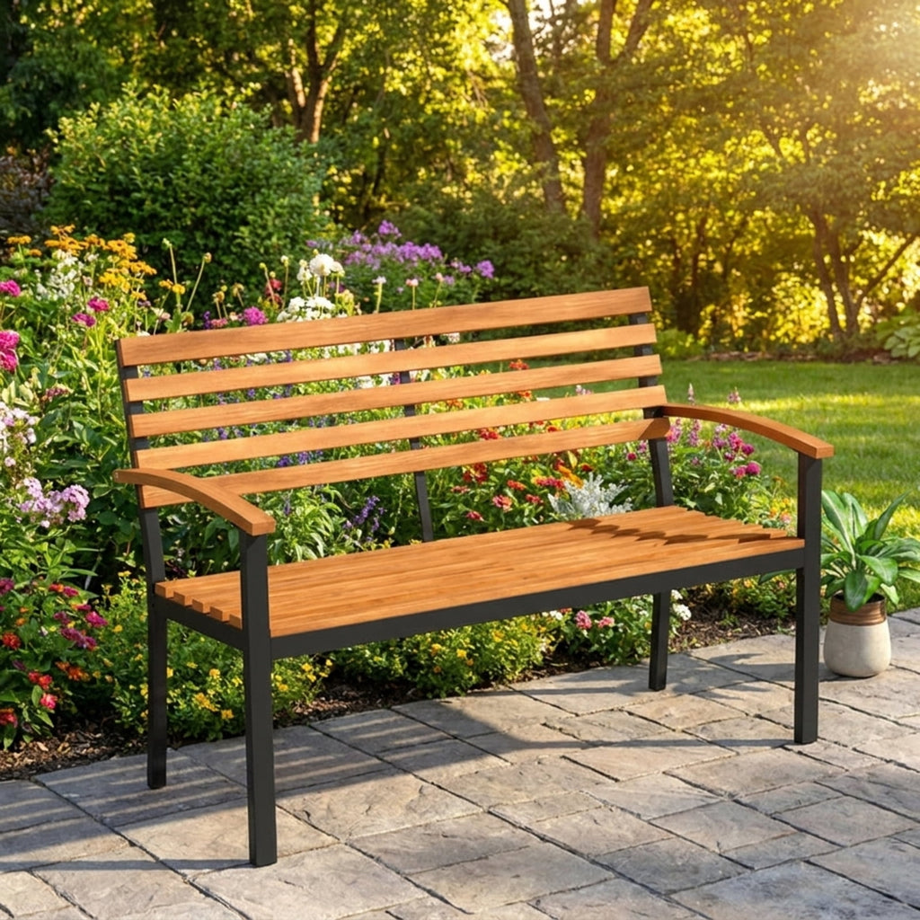 Biotree Outdoor Bench Acacia Wood Patio Loveseat with Backrest Armrests Stackable Patio Chair for Garden BackyardBlack + Natural