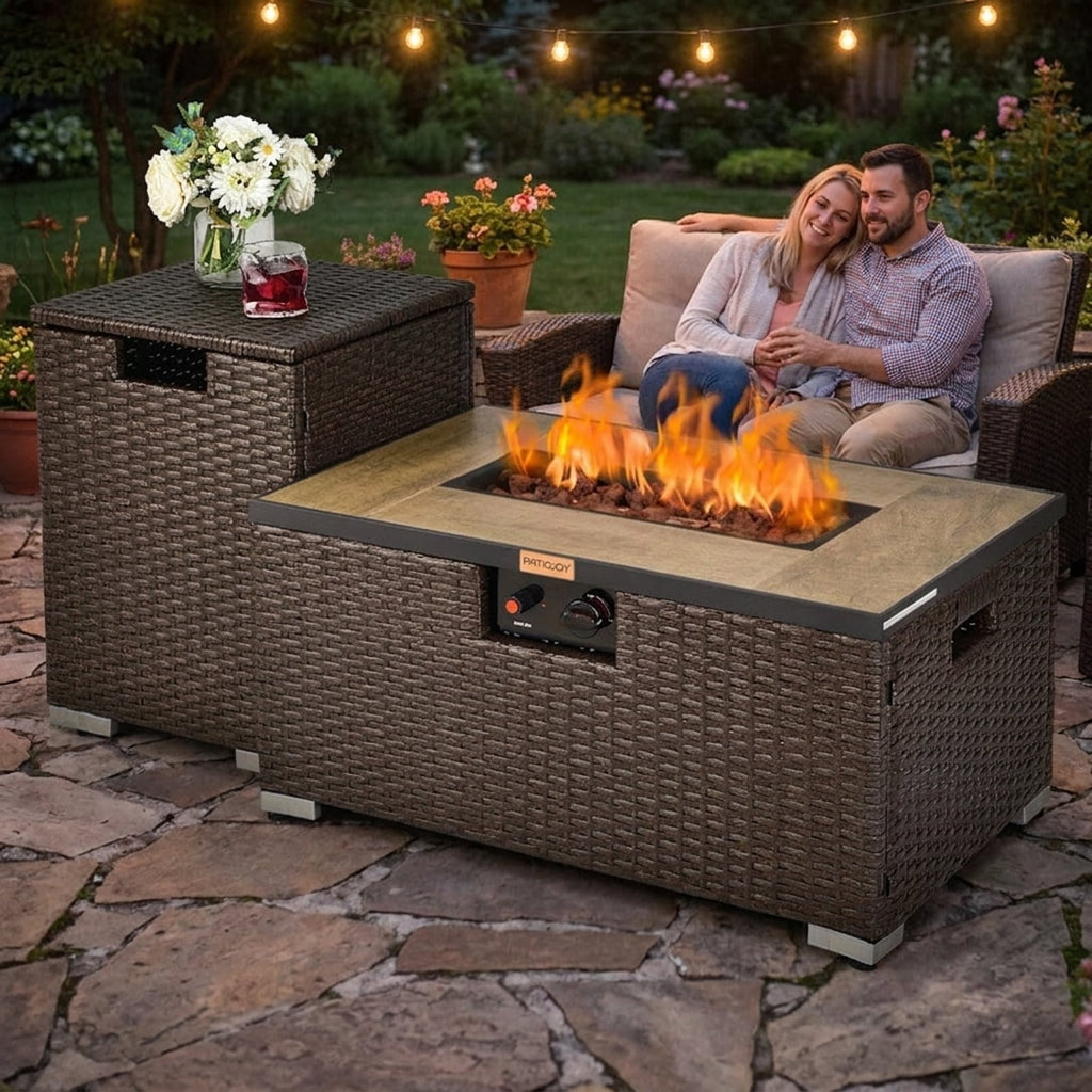 Biotree 32 x 20 Inch Propane Rattan Fire Pit Table Set with Side Table Tank and Cover for Outdoor Patio Backyard Garden Camping, Brown