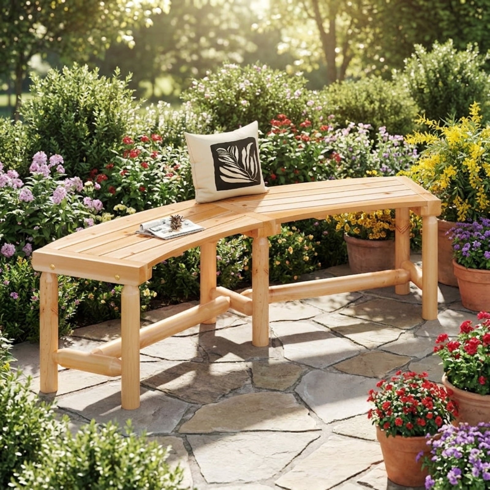 Biotree Patio Curved Bench Solid Wood Fire Pit Bench Outdoor Backless Loveseat Stackable Patio Chair for Garden BackyardNatural