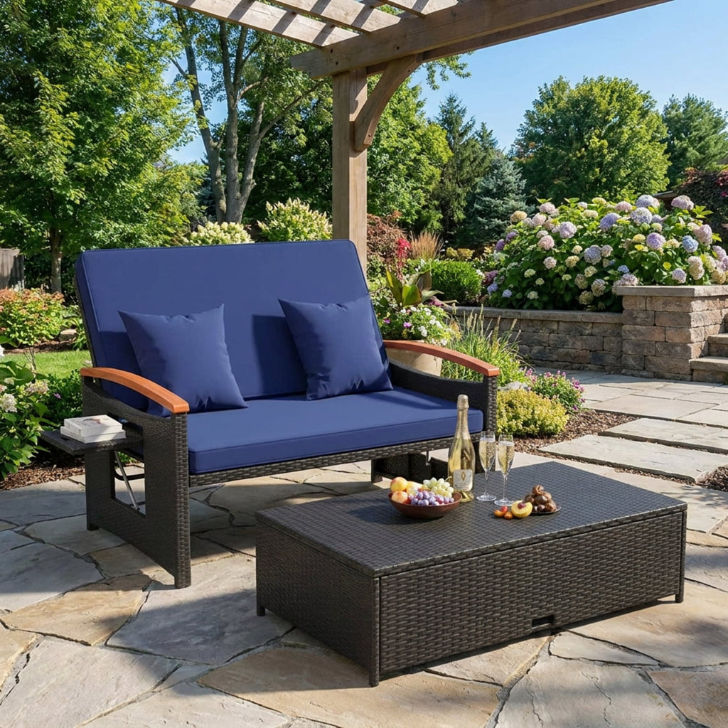 Biotree Outdoor Wicker Daybed with Folding Panels and Storage Ottoman Stackable Patio Chair for Garden BackyardDark Blue