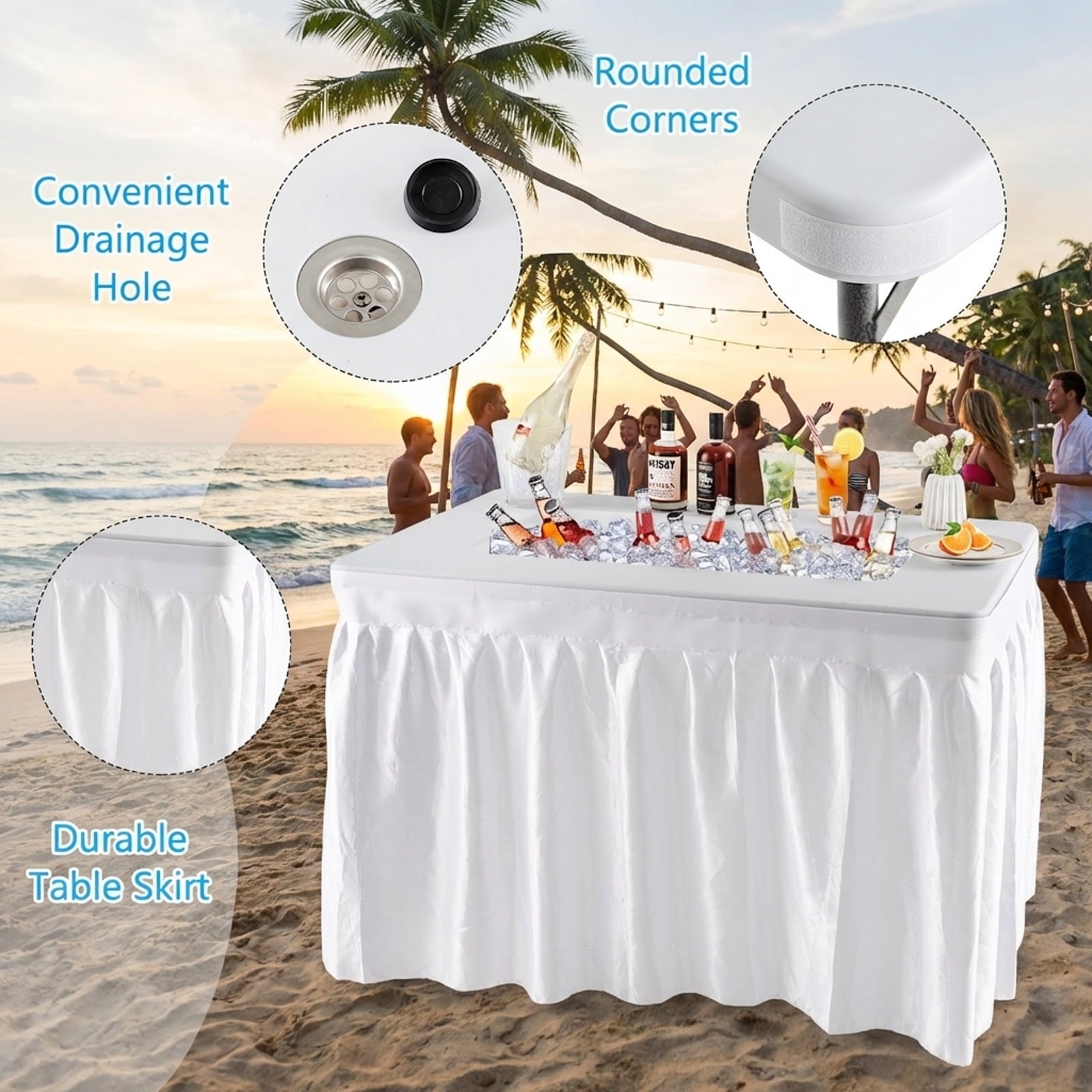 Biotree 4 Feet Folding Ice Bin Table with Skirt for Camping Picnic Wedding Portable Ice Cooler Party Table, White
