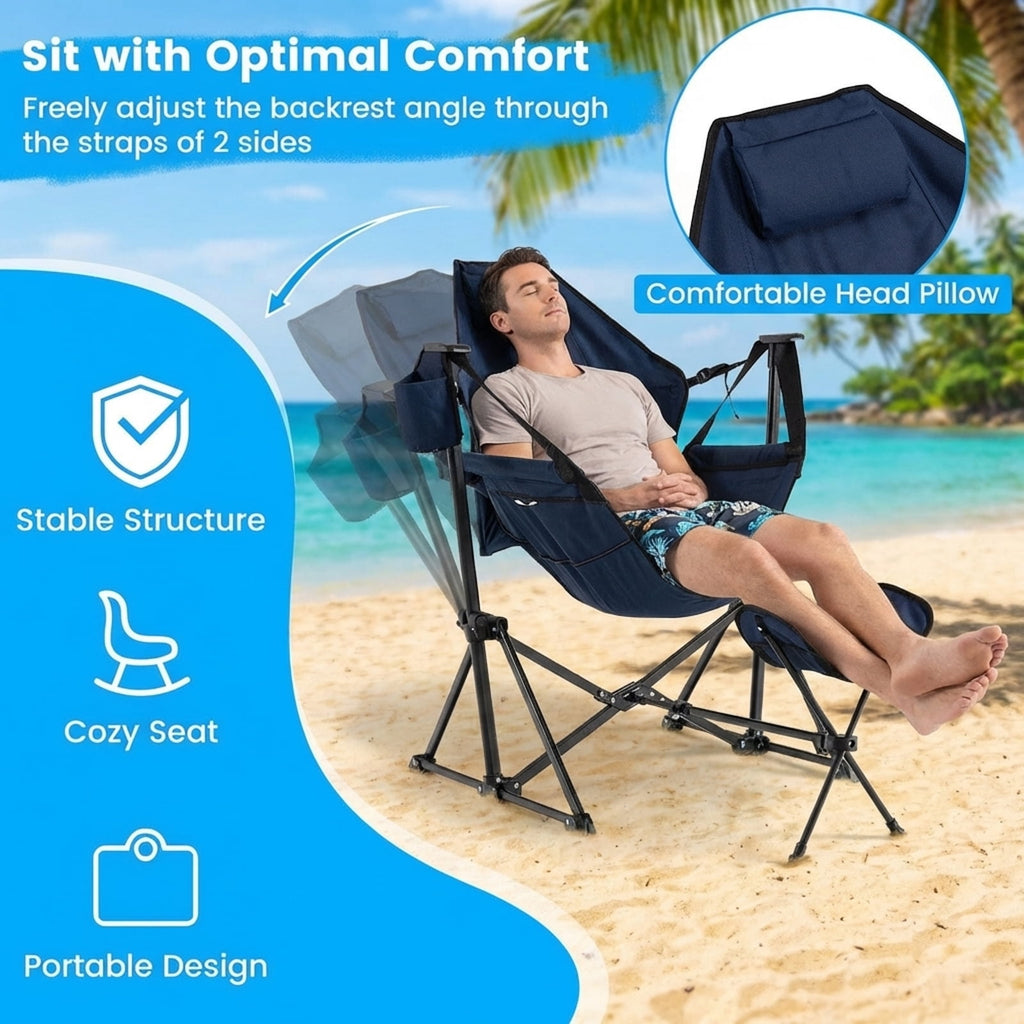 Biotree Hammock Style Camping Chair with Retractable Footrest and Adjustable Seat Angle Portable Outdoor Lounger with Carry Bag, Navy Blue