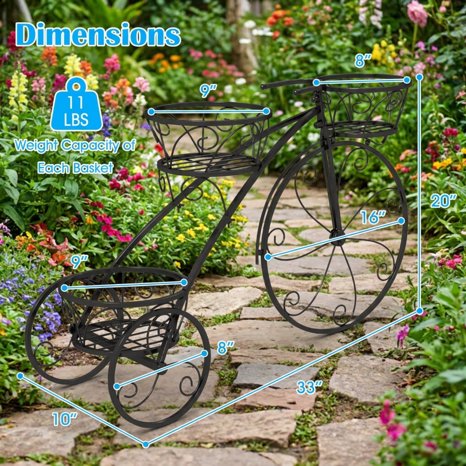 Biotree Tricycle Plant Stand Flower Pot Cart Holder with 3 Hollowed Baskets for Indoor Outdoor Patio Balcony Garden, Bronze
