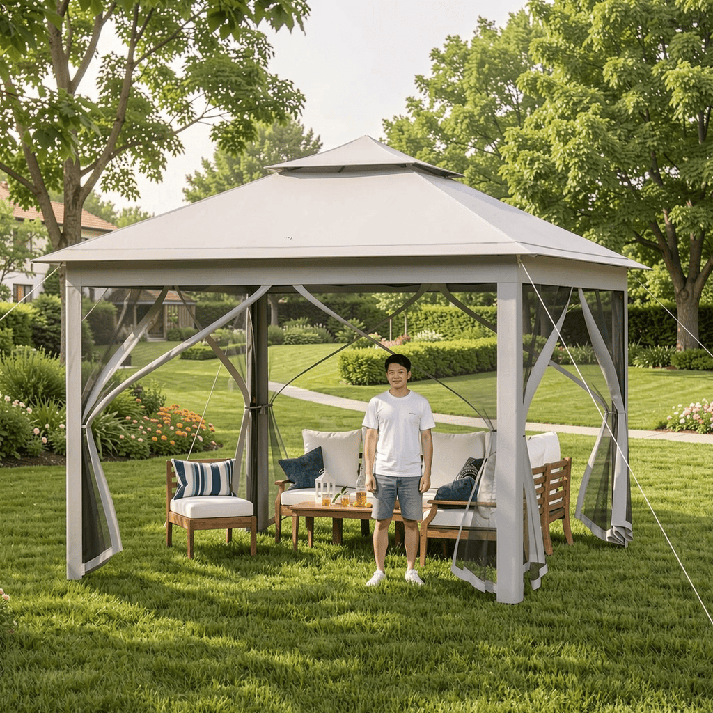 Biotree 11 x 11 Feet 2-Tier Pop-Up Gazebo Tent Portable Canopy Shelter with Mesh Netting and Carry Bag, Outdoor Event Gazebo for Backyard Patio Garden Party, Gray