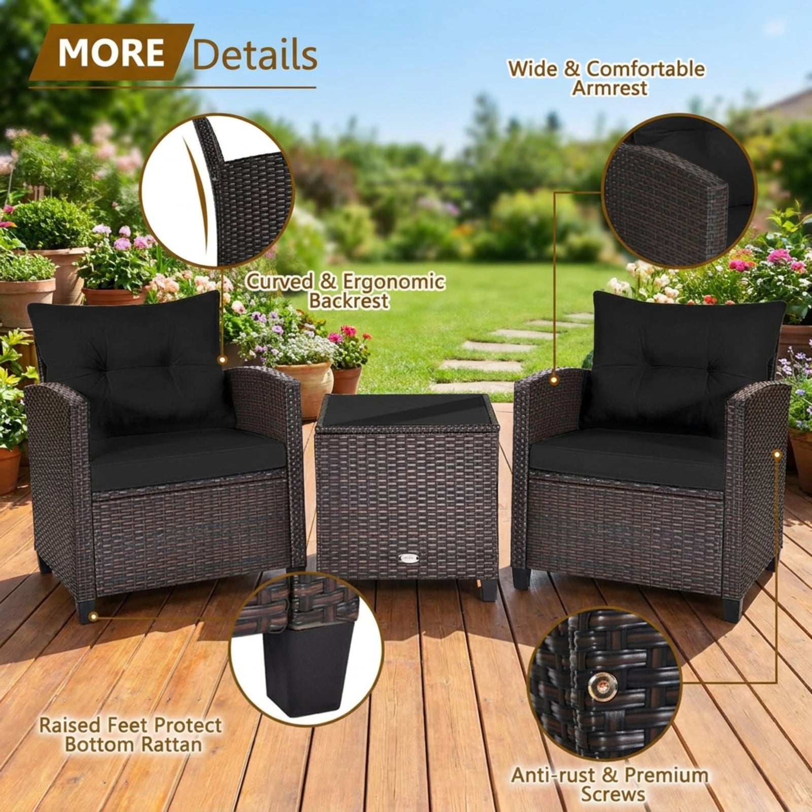 Biotree 3 Pcs Patio Rattan Furniture Set Cushioned Conversation Set Coffee Table Outdoor Conversation Set for Garden Backyard PorchBlack