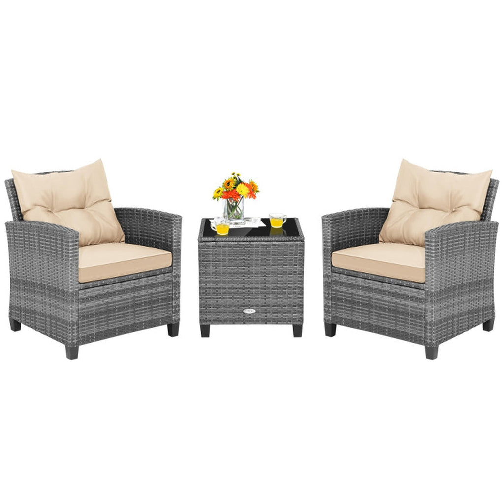 Biotree 3 Pieces Outdoor Wicker Conversation Set with Tempered Glass Tabletop Outdoor Conversation Set for Garden Backyard PorchBeige
