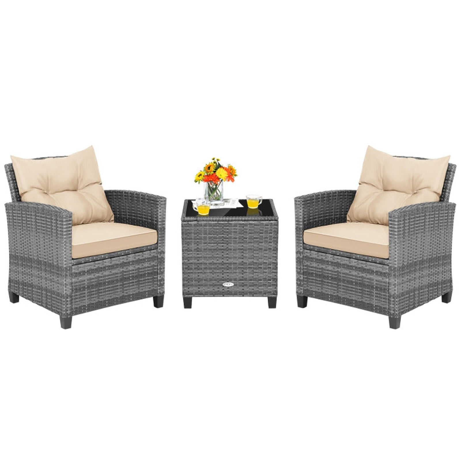 Biotree 3 Pieces Outdoor Wicker Conversation Set with Tempered Glass Tabletop Outdoor Conversation Set for Garden Backyard PorchBeige