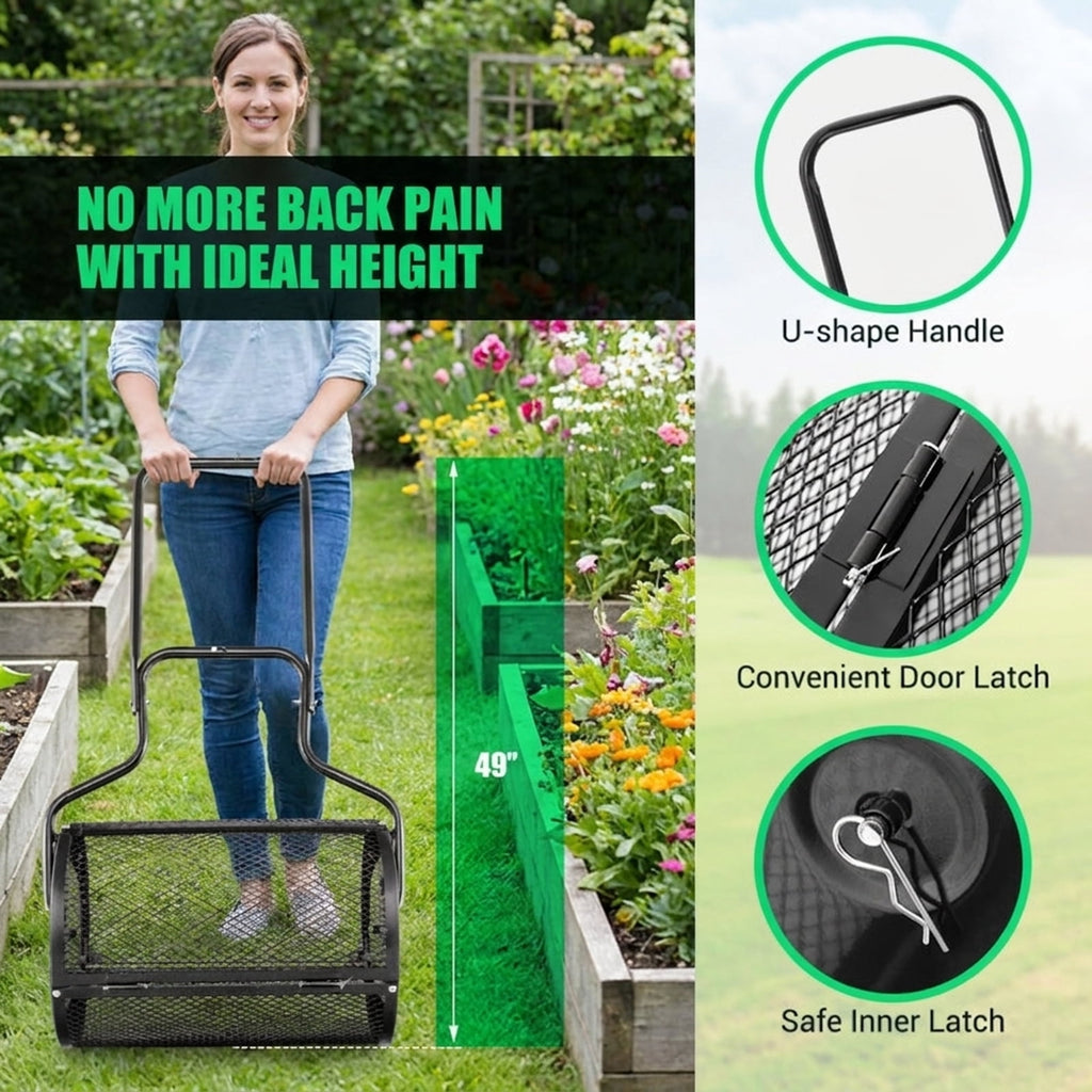 Biotree 24 Peat Moss Spreader with Upgrade Side Latches and U-shape Handle for Lawn Garden Yard Soil Care, Green