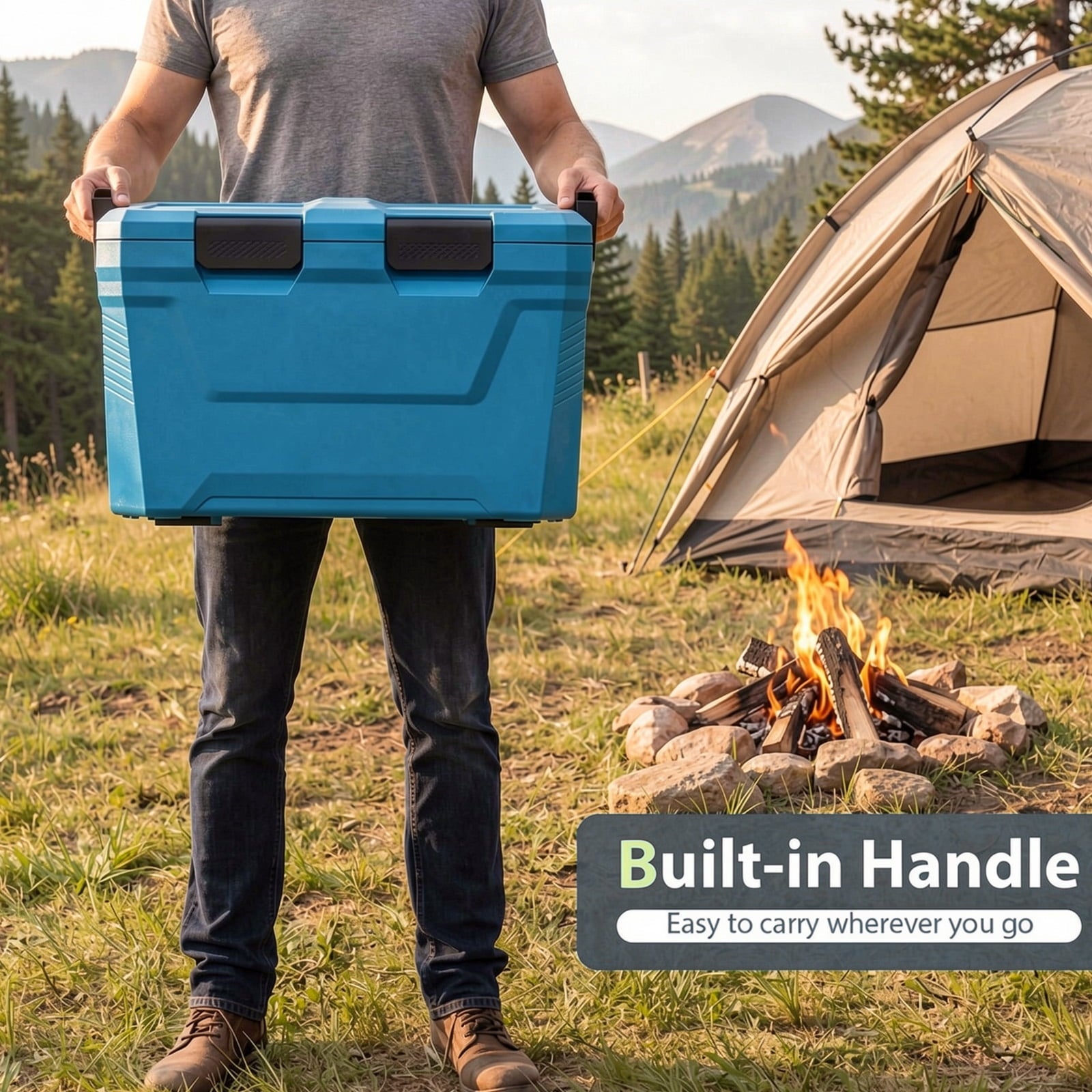 Biotree Insulated Portable Cooler Hard Shell Ice Chest with 2 Cup Holders Bottle Opener and Drain Plug, 37 Qt, Blue