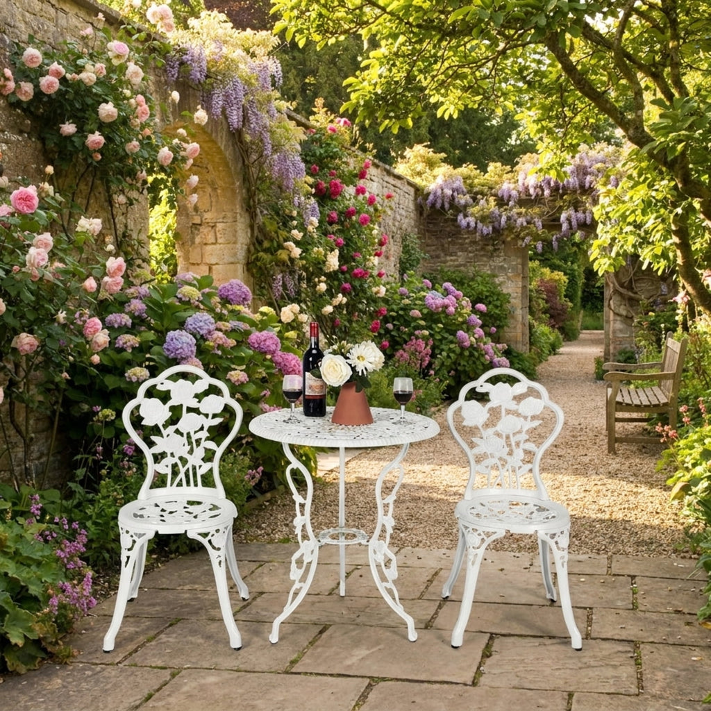 Biotree Outdoor Cast Aluminum Patio Furniture Set with Rose Design Outdoor Conversation Set for Garden Backyard PorchWhite