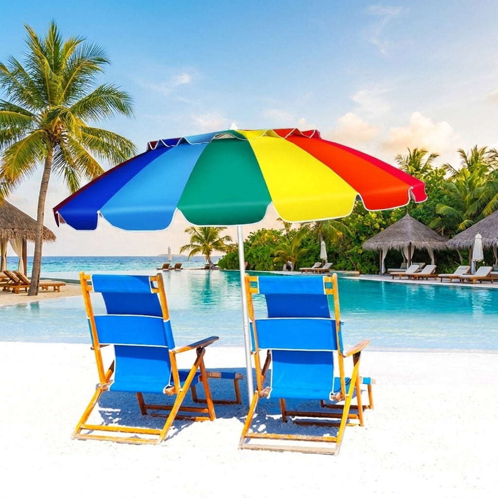 Biotree 8.0 ft Portable Beach Umbrella with Carrying Bag, 16 Ribs, Sand Tilt Mechanism - Multicolor for Backyard