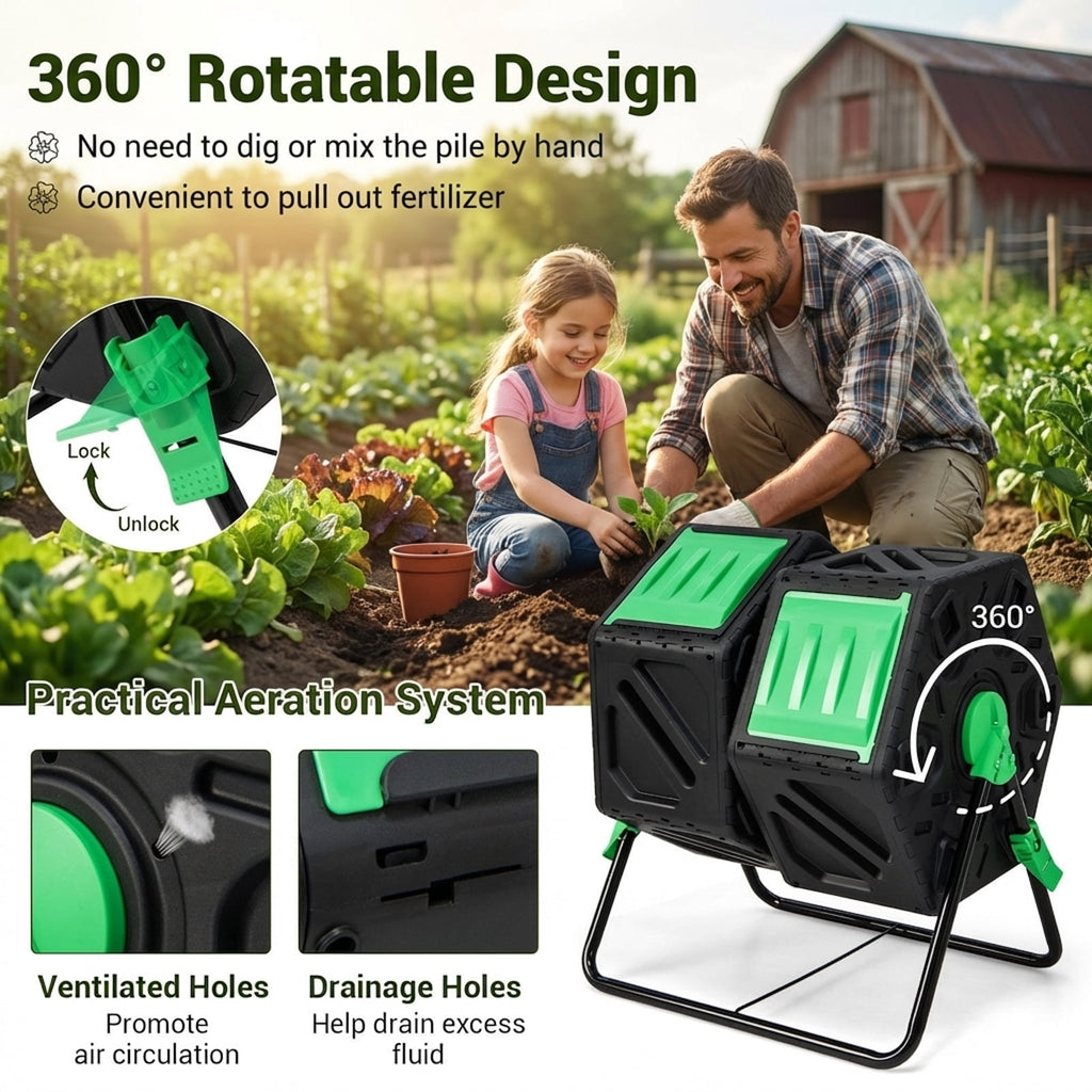 Biotree Dual Chamber Garden Compost Tumbler with Sliding Doors-Black and Green Outdoor Organic Yard Waste