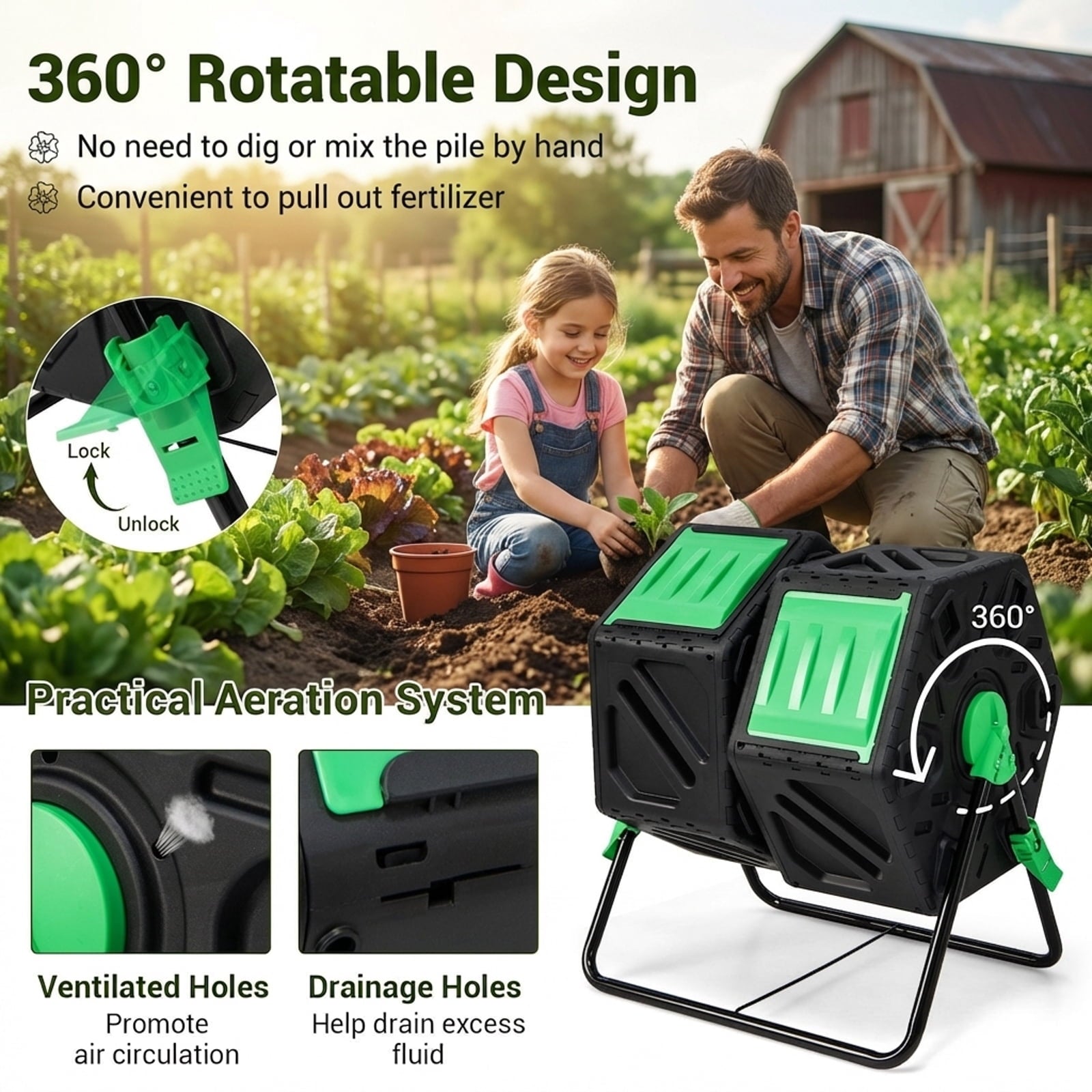 Biotree Dual Chamber Garden Compost Tumbler with Sliding Doors-Black and Green Outdoor Organic Yard Waste