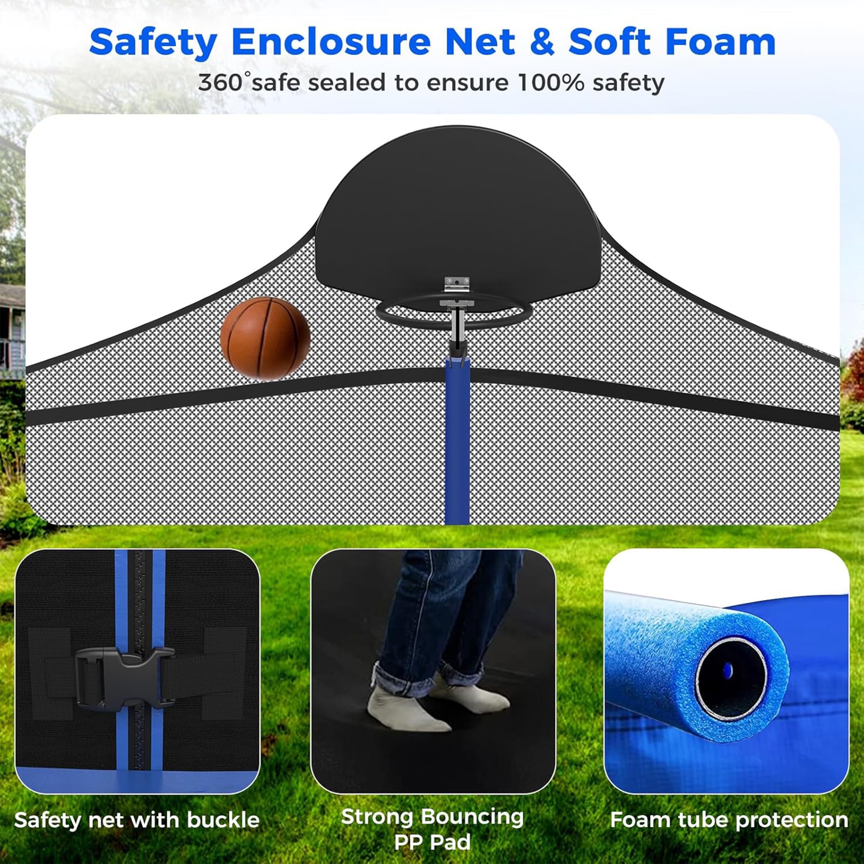 Biotree 14 FT Trampoline for Kids and Adults, Outdoor Trampoline with Basketball Hoop Safety Enclosure Net,Large Load Capacity Heavy-Duty Jumping Trampoline for Boys and Girls