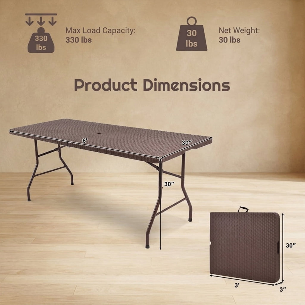 Biotree 6 Feet Folding Portable Rattan Table with Carrying Handle, Brown