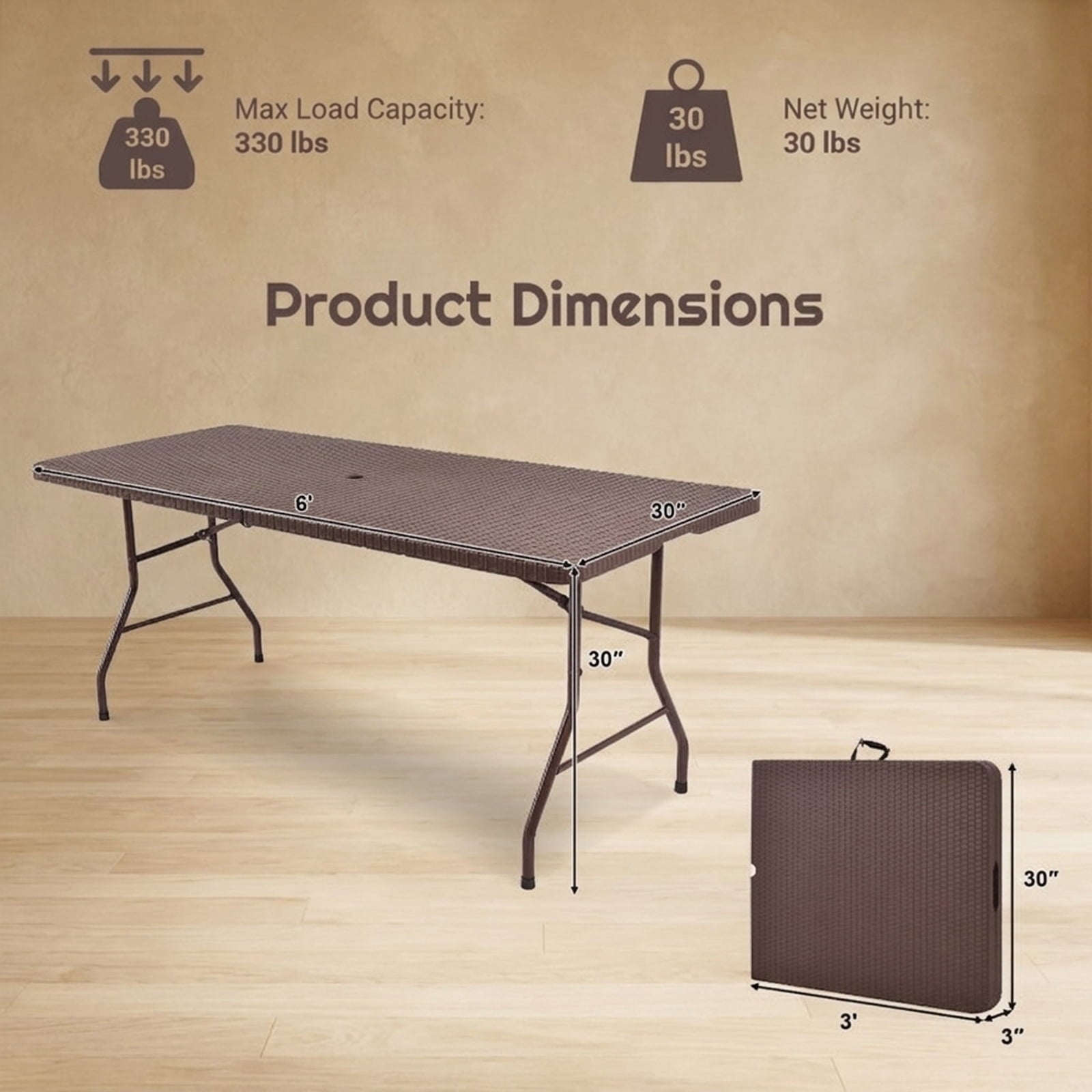Biotree 6 Feet Folding Portable Rattan Table with Carrying Handle, Brown