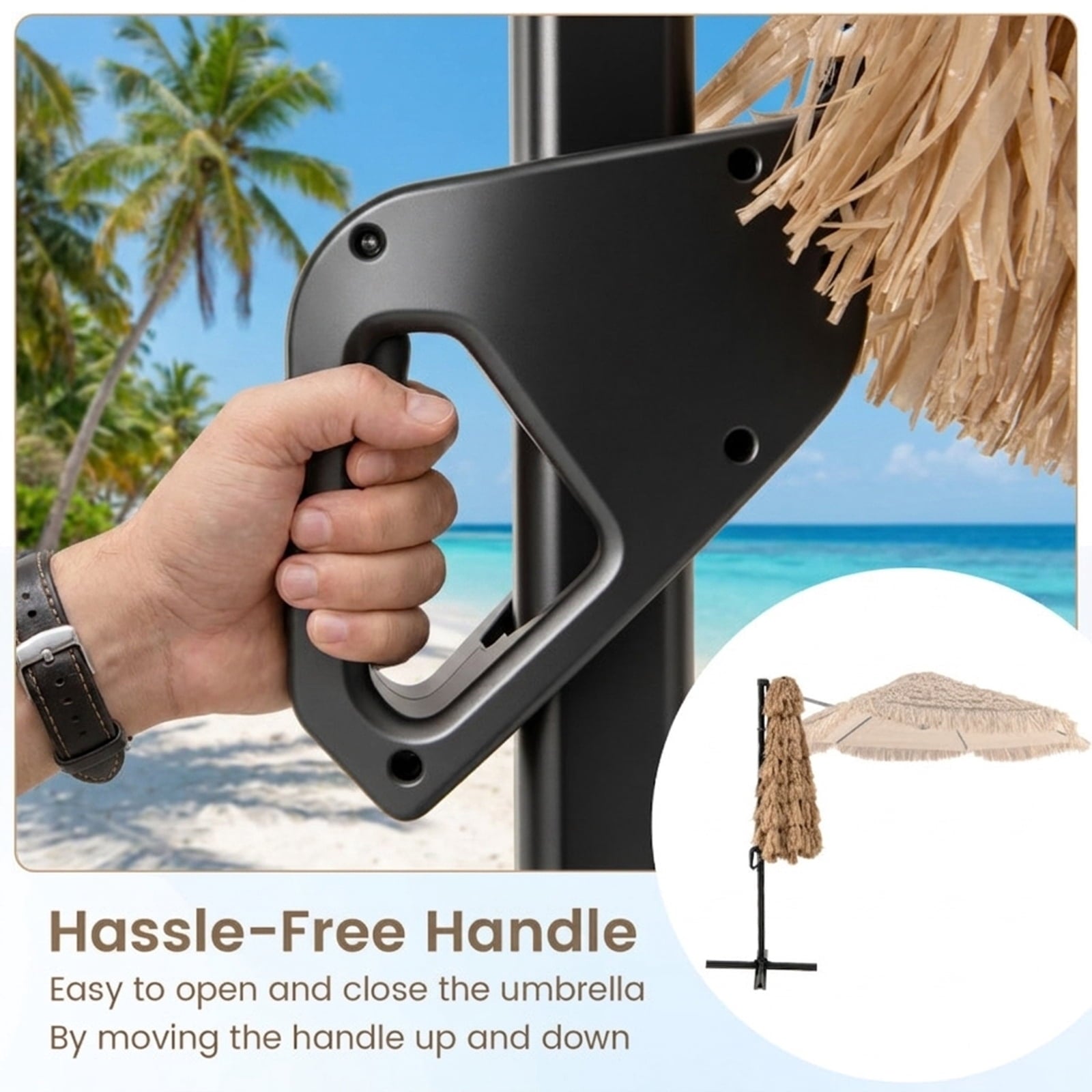 Biotree 9.5 ft Cantilever Patio Umbrella Offset Hanging with Cross Base, 8 Ribs - Natural for Backyard