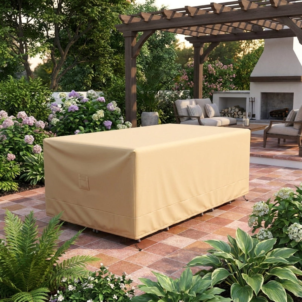 Biotree Waterproof Patio Furniture Cover with Padded Handle and Click-Close Straps Heavy Duty Outdoor Table Cover 90 x 50 x 32 Inches, Beige