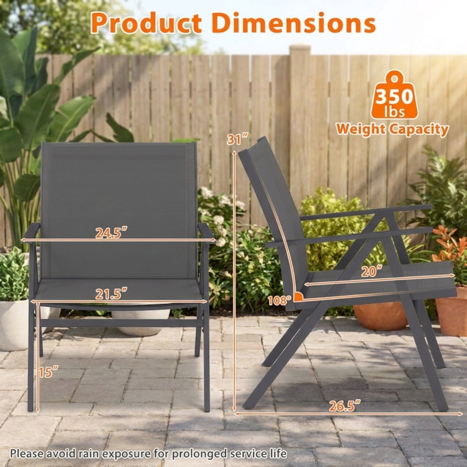 Biotree Patio Chairs Set of 2 with Breathable Mesh Fabric and Metal Frame Stackable Patio Chair for Garden BackyardGray