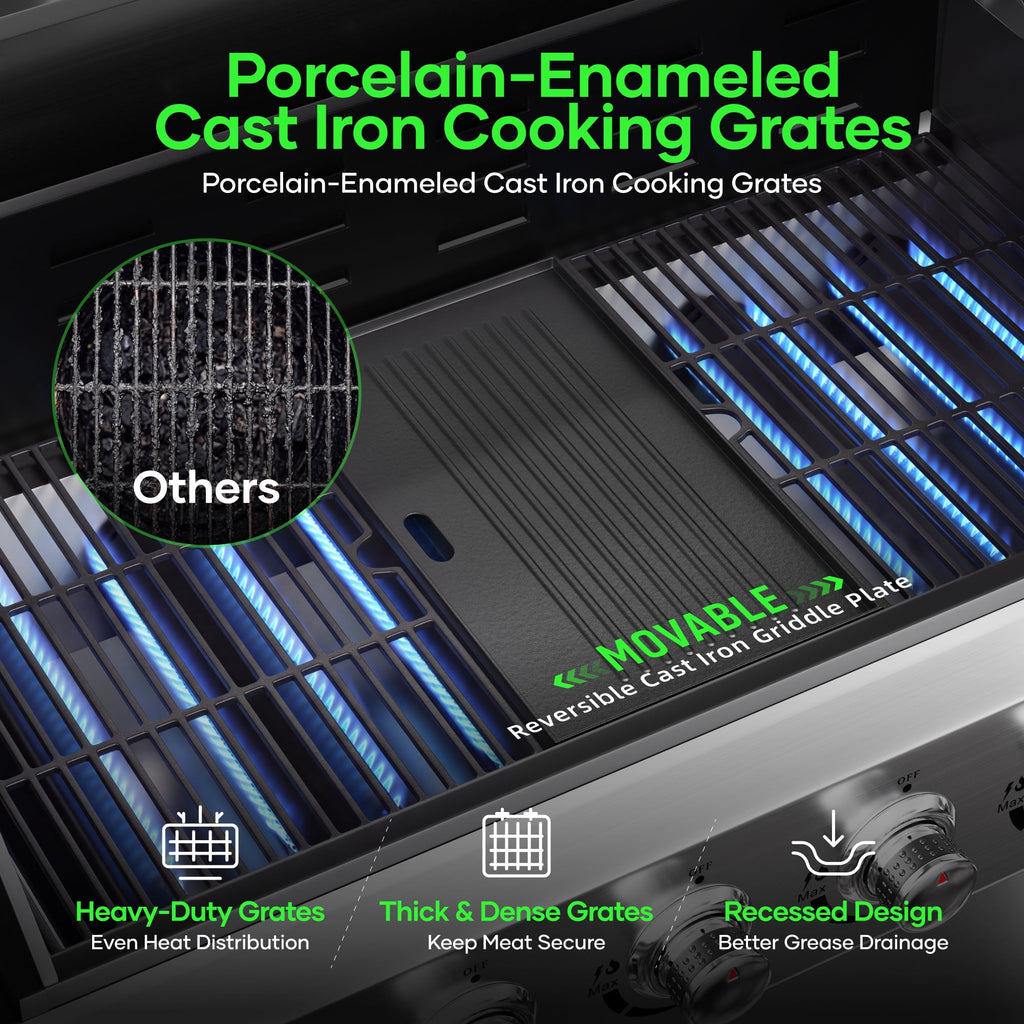 Biotree 6 Burner Propane Gas Grill with Side Burner and Griddle, 73000 BTU Stainless Steel BBQ Grill Combo with two Porcelain-Enameled Cast Iron Grates for Backyard Patio Outdoor Cooking