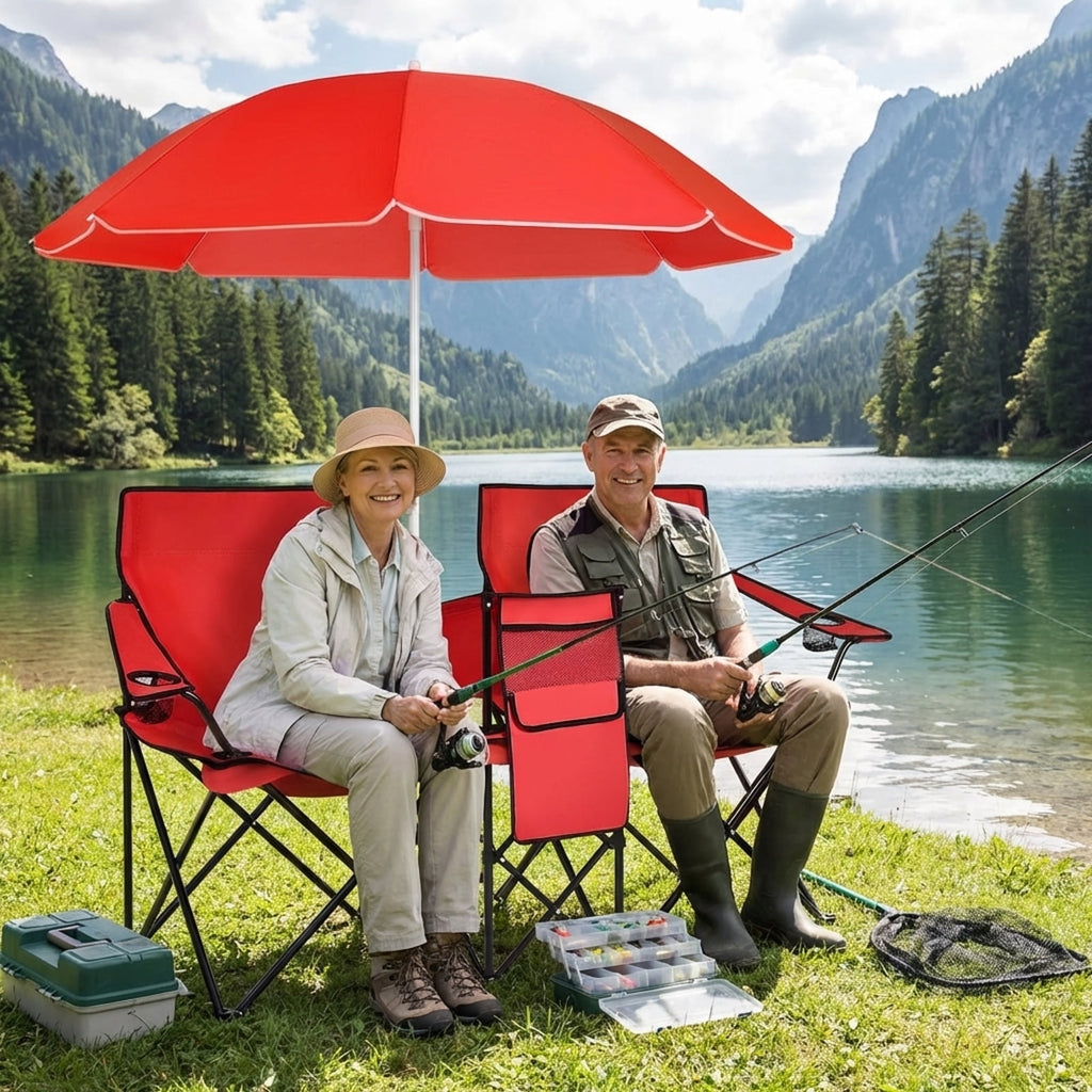 Biotree Double Camping Chair with Removable Umbrella Portable Folding Loveseat with Cooler Bag and Cup Holders for Beach Picnic, Red