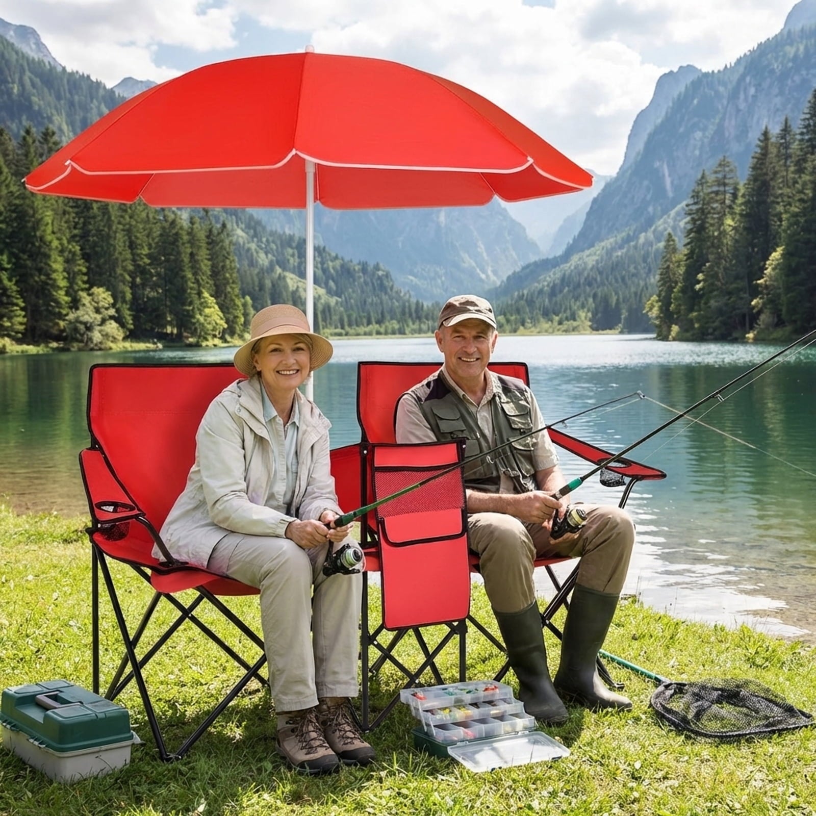 Biotree Double Camping Chair with Removable Umbrella Portable Folding Loveseat with Cooler Bag and Cup Holders for Beach Picnic, Red