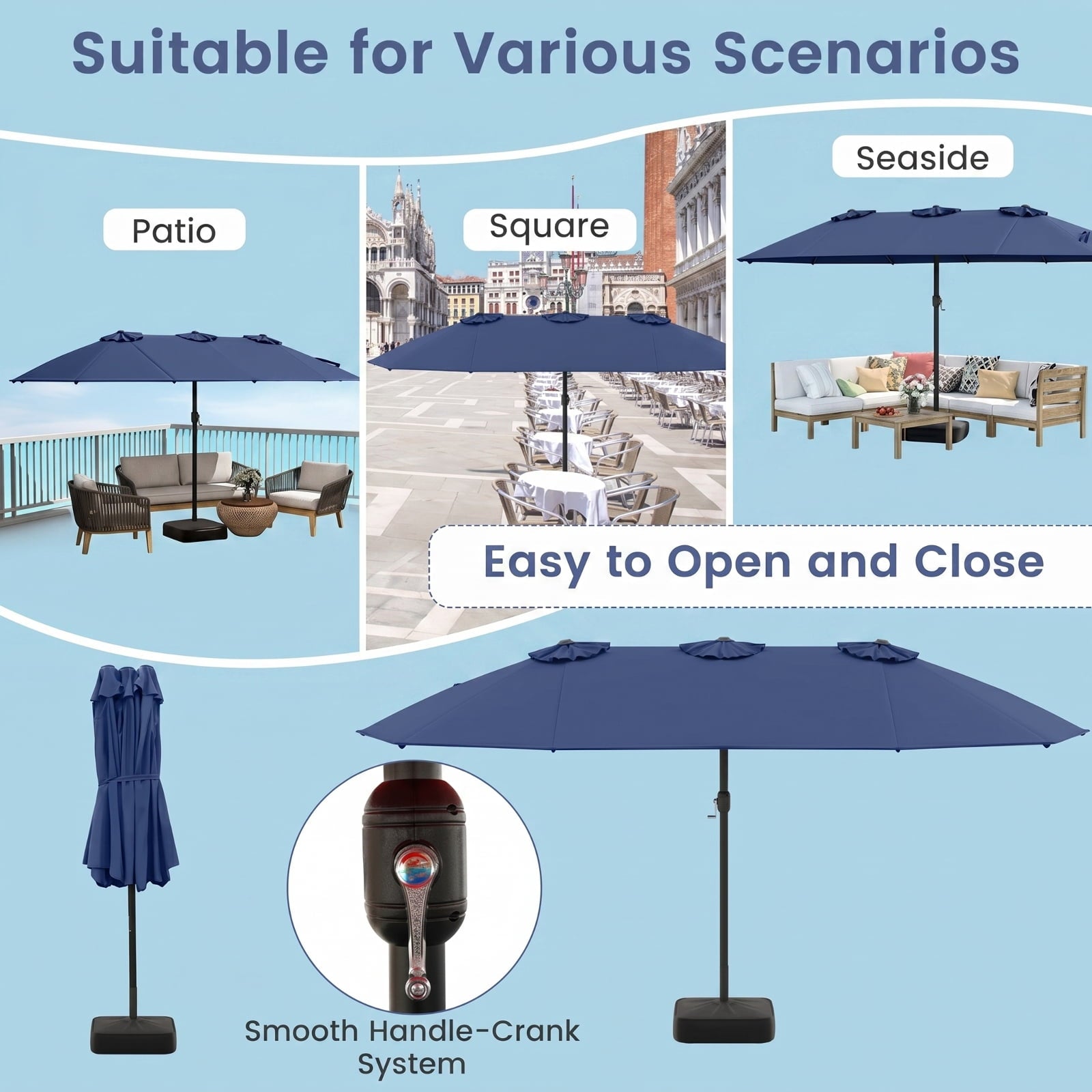 Biotree 15 ft Double-Sided Twin Patio Umbrella Crank Tilt Outdoor Shade - Blue - UV Protection with Cross Base
