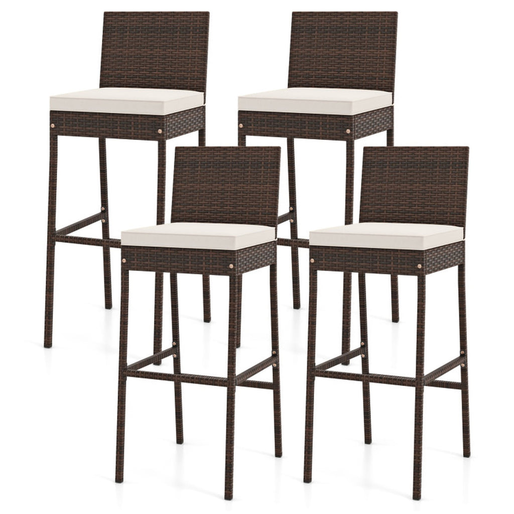 Biotree Set of 4 Patio Wicker Barstools with Seat Cushion and Footrest, PE Rattan Outdoor Bar Height Chairs with Metal Frame for Backyard Deck Garden Poolside, Mix Brown