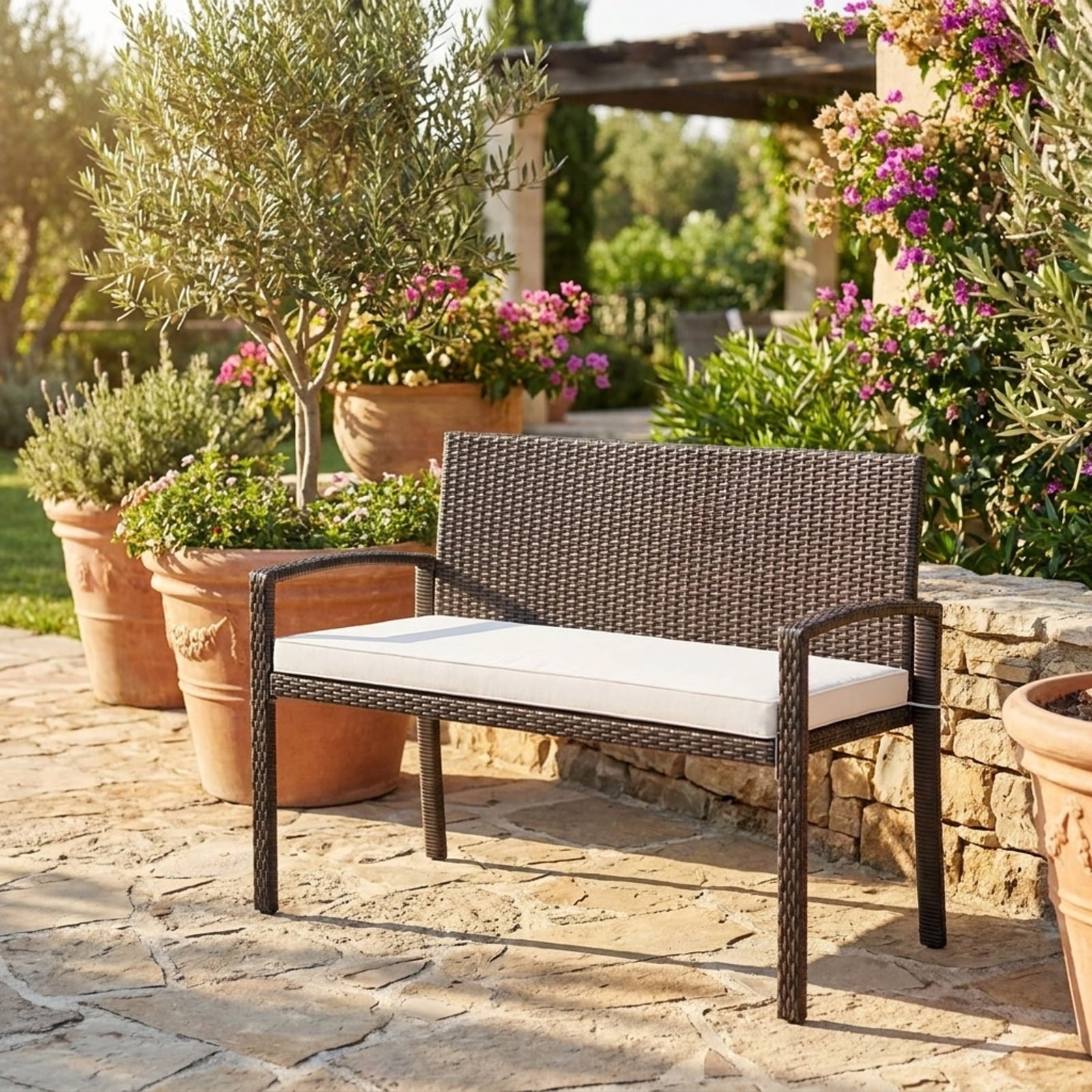Biotree Wicker 2-Seat Bench with Soft Seat Cushion and Metal Frame Stackable Patio Chair for Garden BackyardWhite