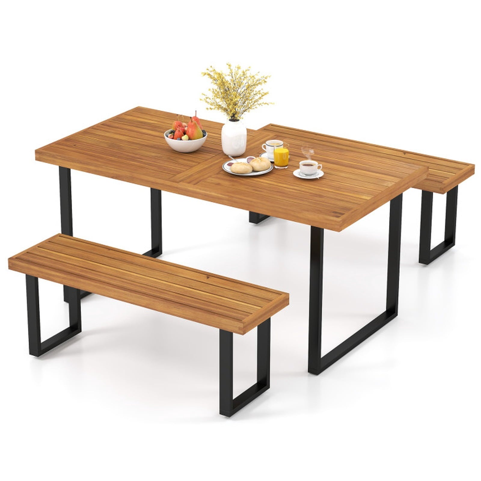 Biotree 3 Pieces Patio Dining Table Set 63¡± Rectangle Table and 2 Backless Bench Outdoor Conversation Set for Garden Backyard PorchNatural+Black