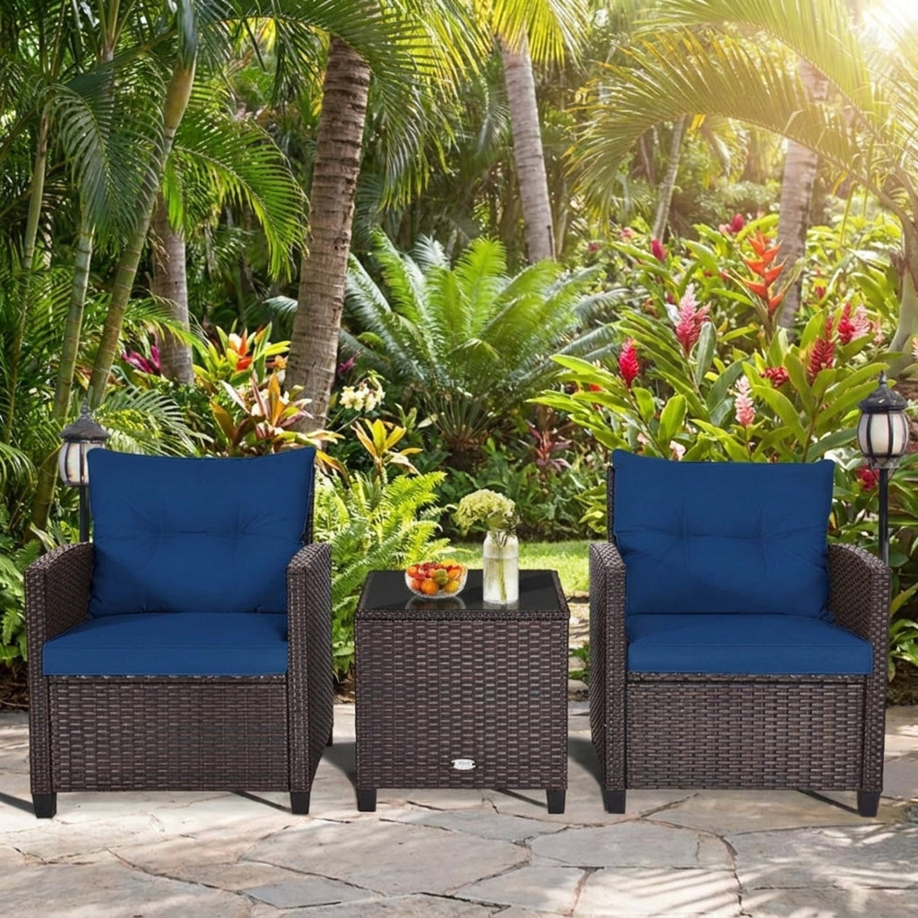 Biotree 3 Pcs Patio Rattan Furniture Set Cushioned Conversation Set Coffee Table Outdoor Conversation Set for Garden Backyard PorchNavy