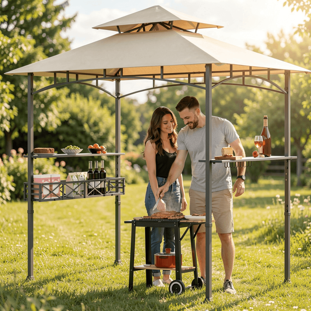 Biotree 8 x 5 Feet Outdoor Grill Gazebo with 2 Side Shelves and 10 Hooks Beige - Outdoor Patio Backyard Garden Shade Canopy Shelter