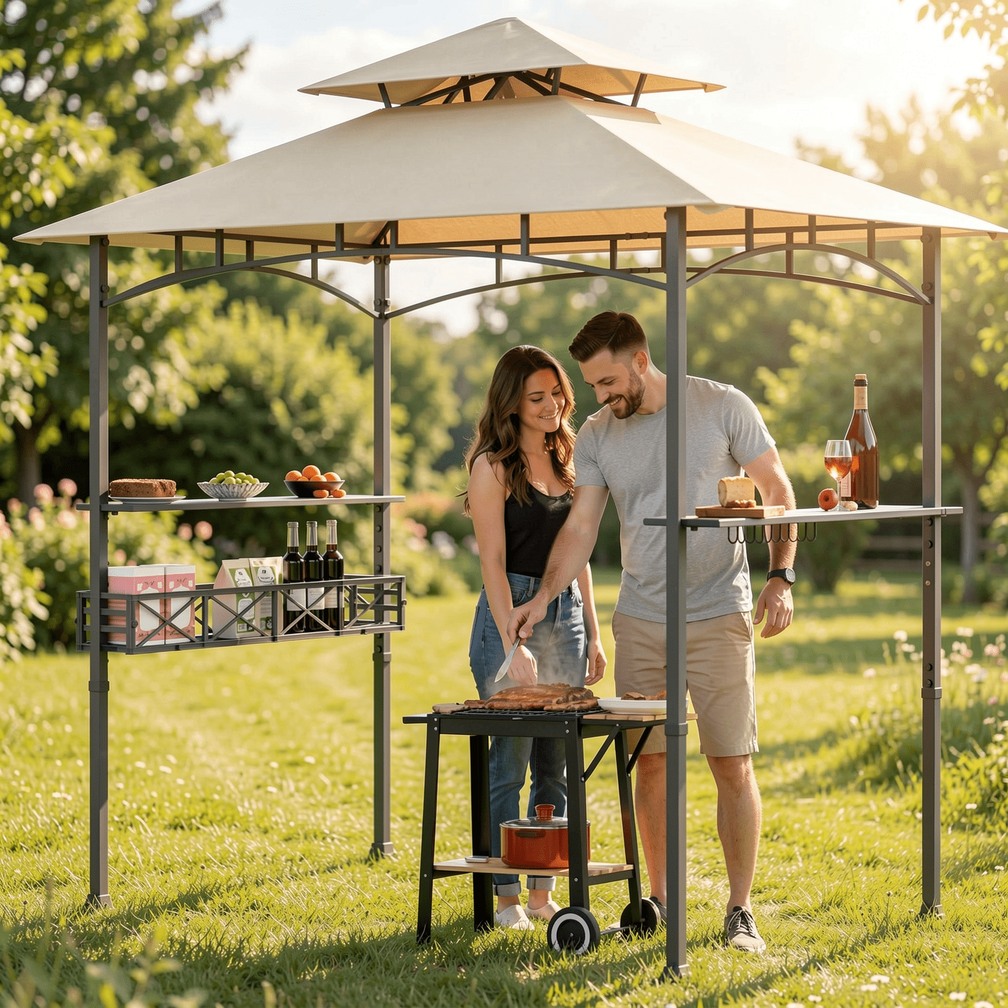 Biotree 8 x 5 Feet Outdoor Grill Gazebo with 2 Side Shelves and 10 Hooks Beige - Outdoor Patio Backyard Garden Shade Canopy Shelter