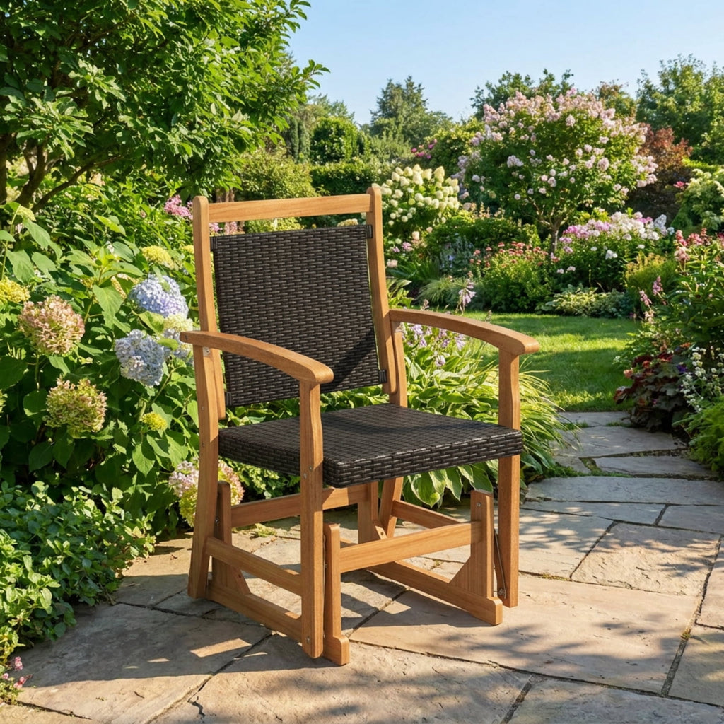 Biotree Patio Rattan Glider Chair with Acacia Wood Frame and Wicker Seat Back Stackable Patio Chair for Garden BackyardMix Brown