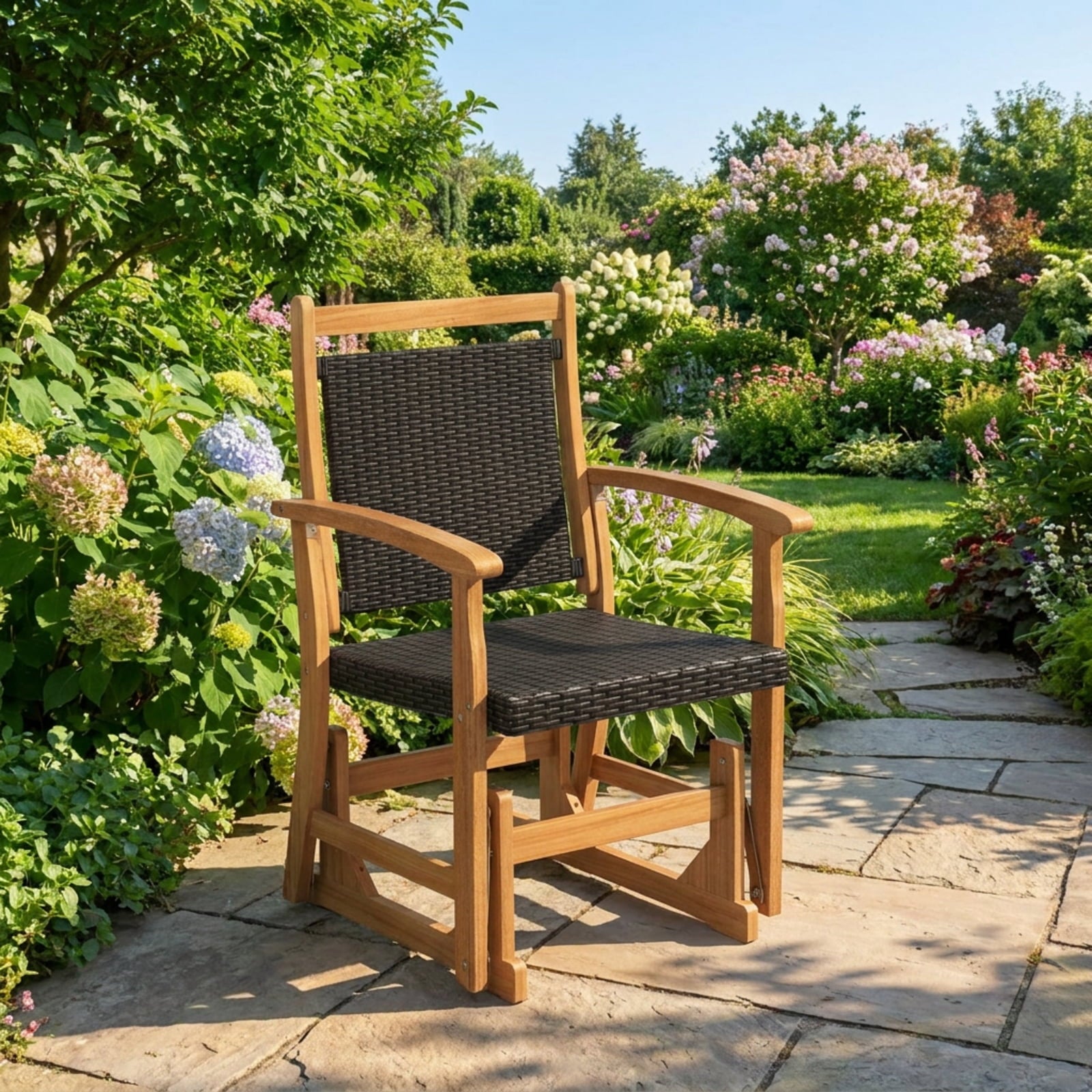 Biotree Patio Rattan Glider Chair with Acacia Wood Frame and Wicker Seat Back Stackable Patio Chair for Garden BackyardMix Brown