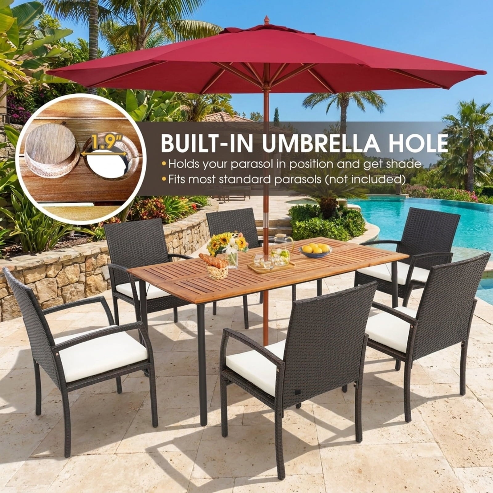 Biotree 63-Inch Patio Acacia Wood Dining Table with Umbrella Hole and Metal Legs, Black