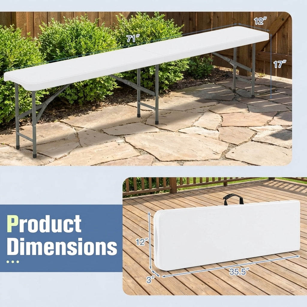Biotree 6 Feet Plastic Folding Bench Portable Seat with Handle and Lock, White