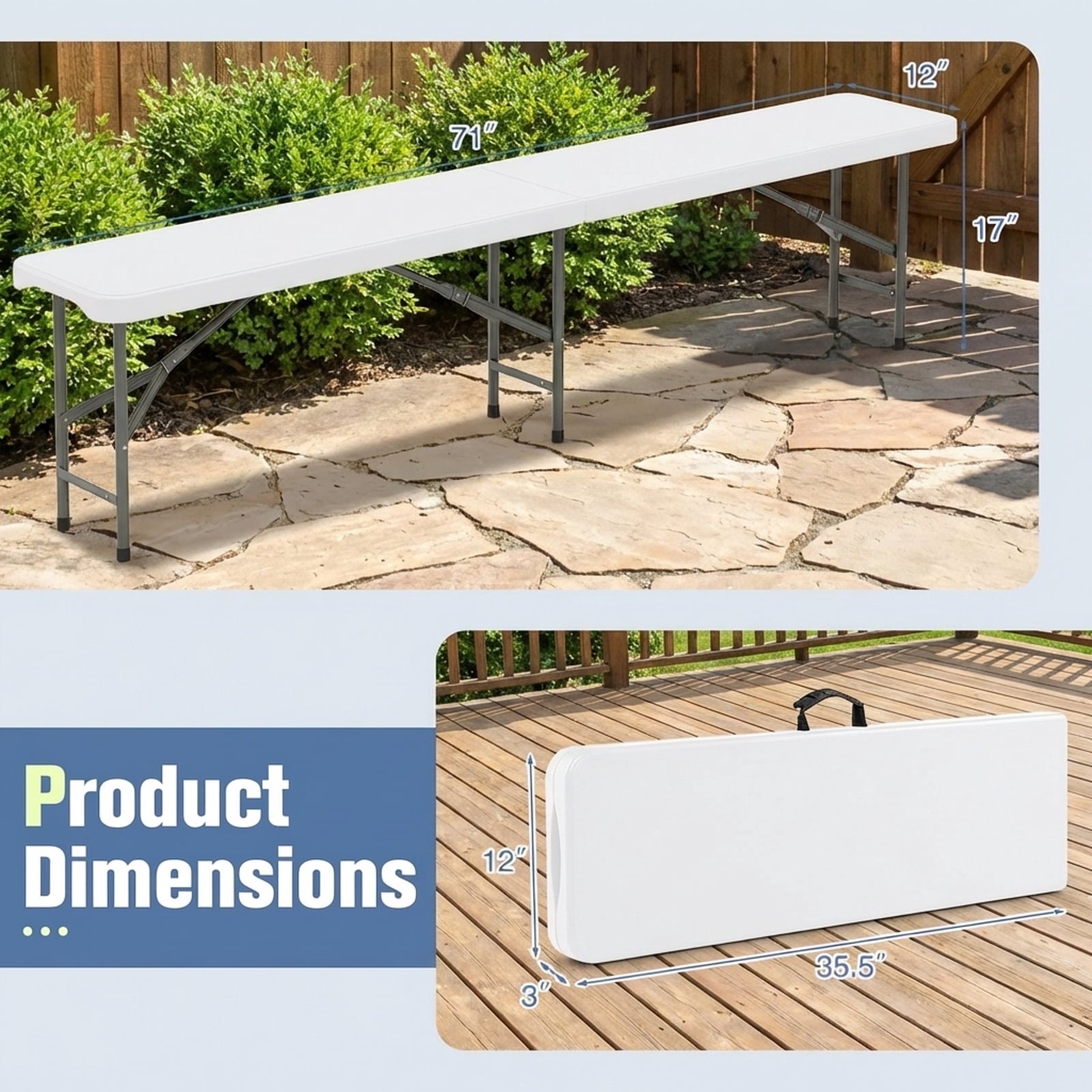 Biotree 6 Feet Plastic Folding Bench Portable Seat with Handle and Lock, White