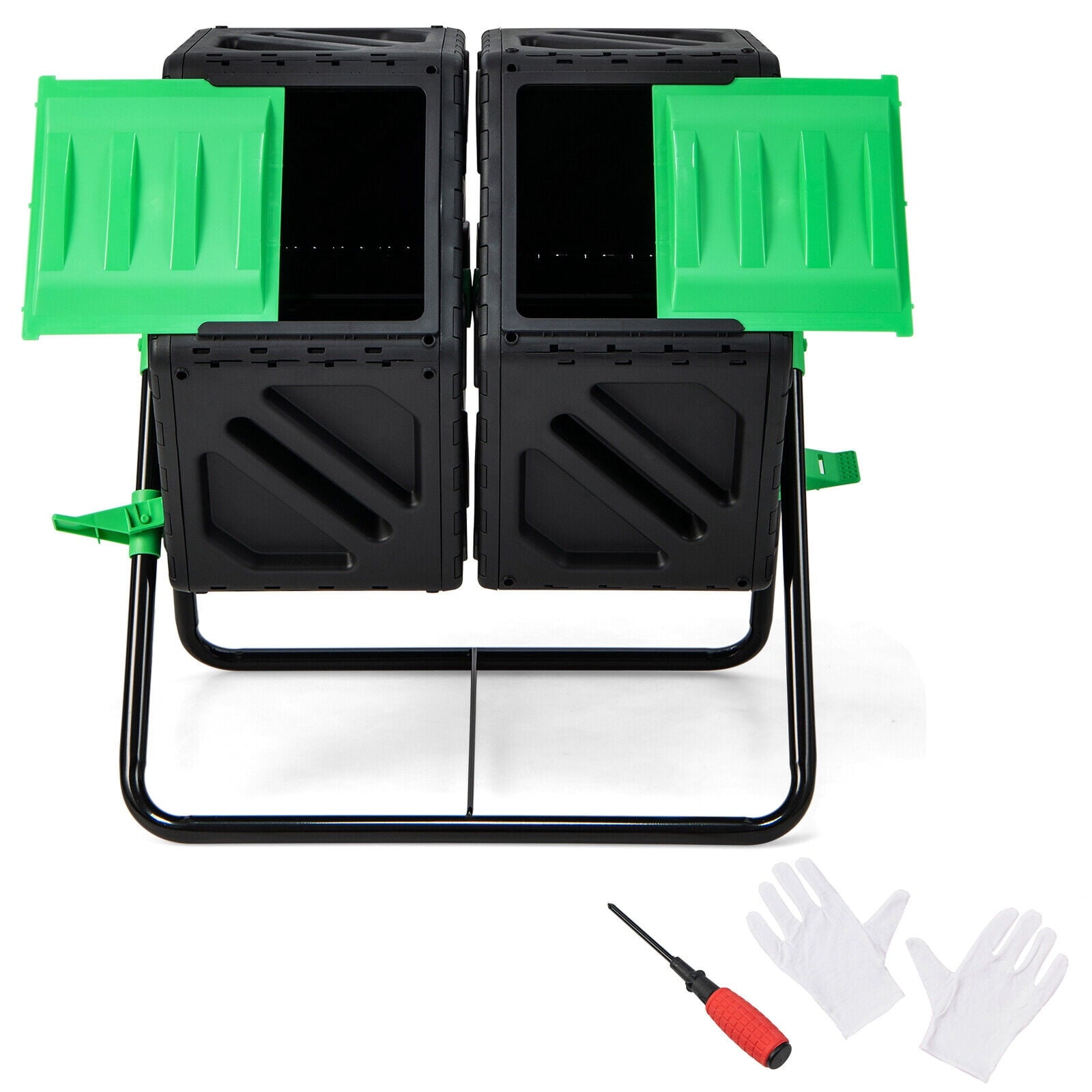 Biotree Dual Chamber Garden Compost Tumbler with Sliding Doors-Black and Green Outdoor Organic Yard Waste