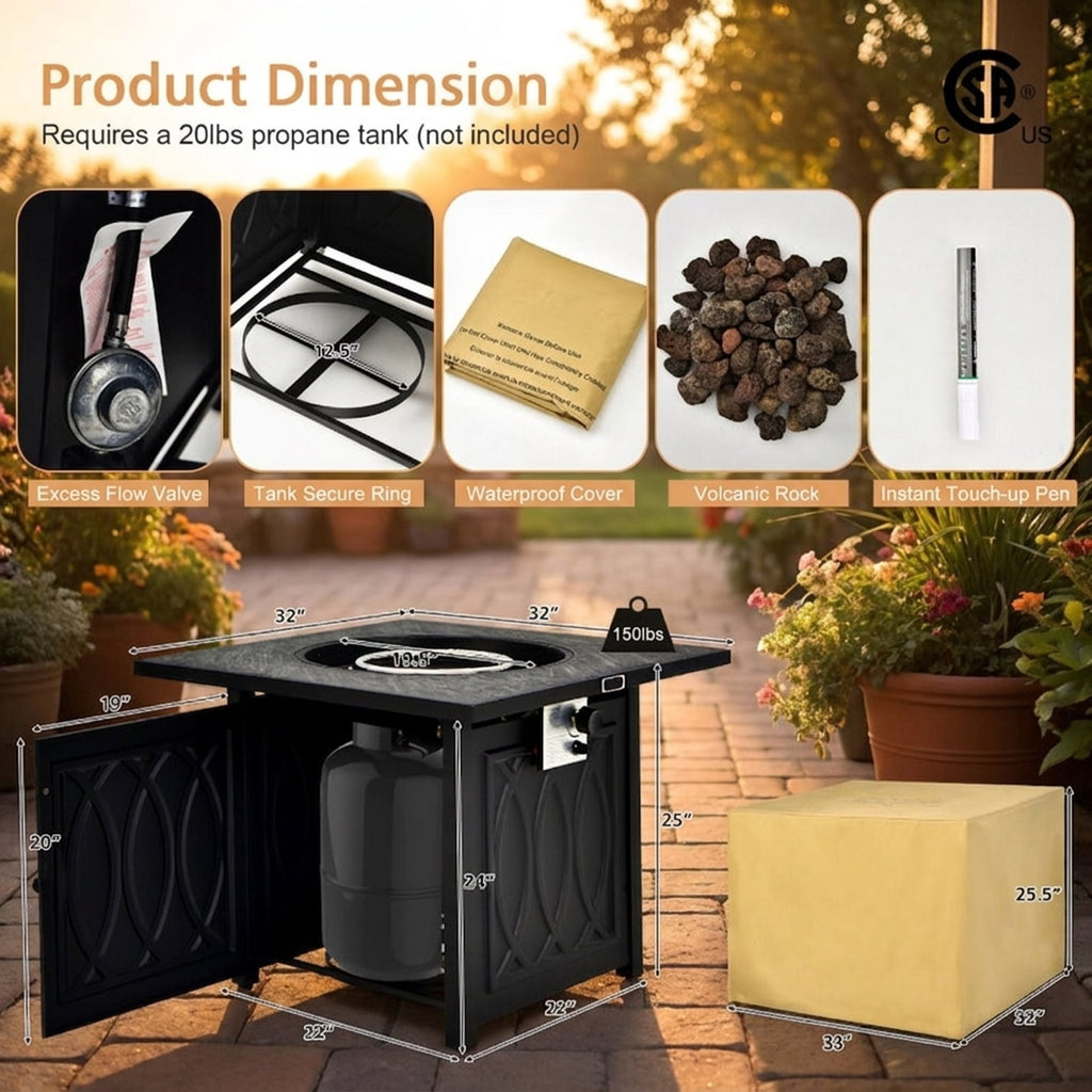 Biotree 32 Inch Propane Fire Pit Table Square Tabletop with Lava Rocks Cover 50000 BTU for Outdoor Patio Backyard Garden Camping, Black
