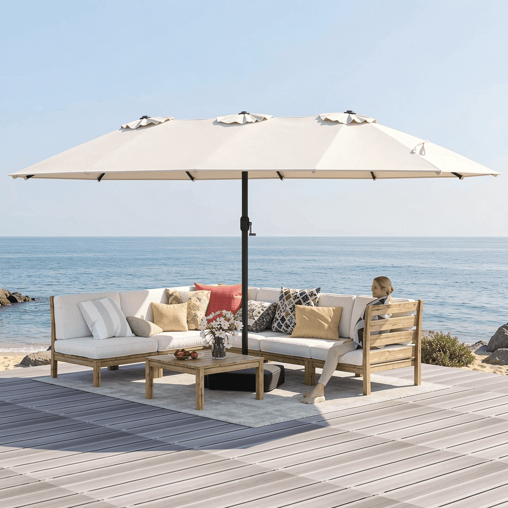 Biotree 15 Feet Double-Sided Twin Patio Umbrella with Crank and Base-Beige Beige Brown Blue Grey Orange Red Turquoise Black