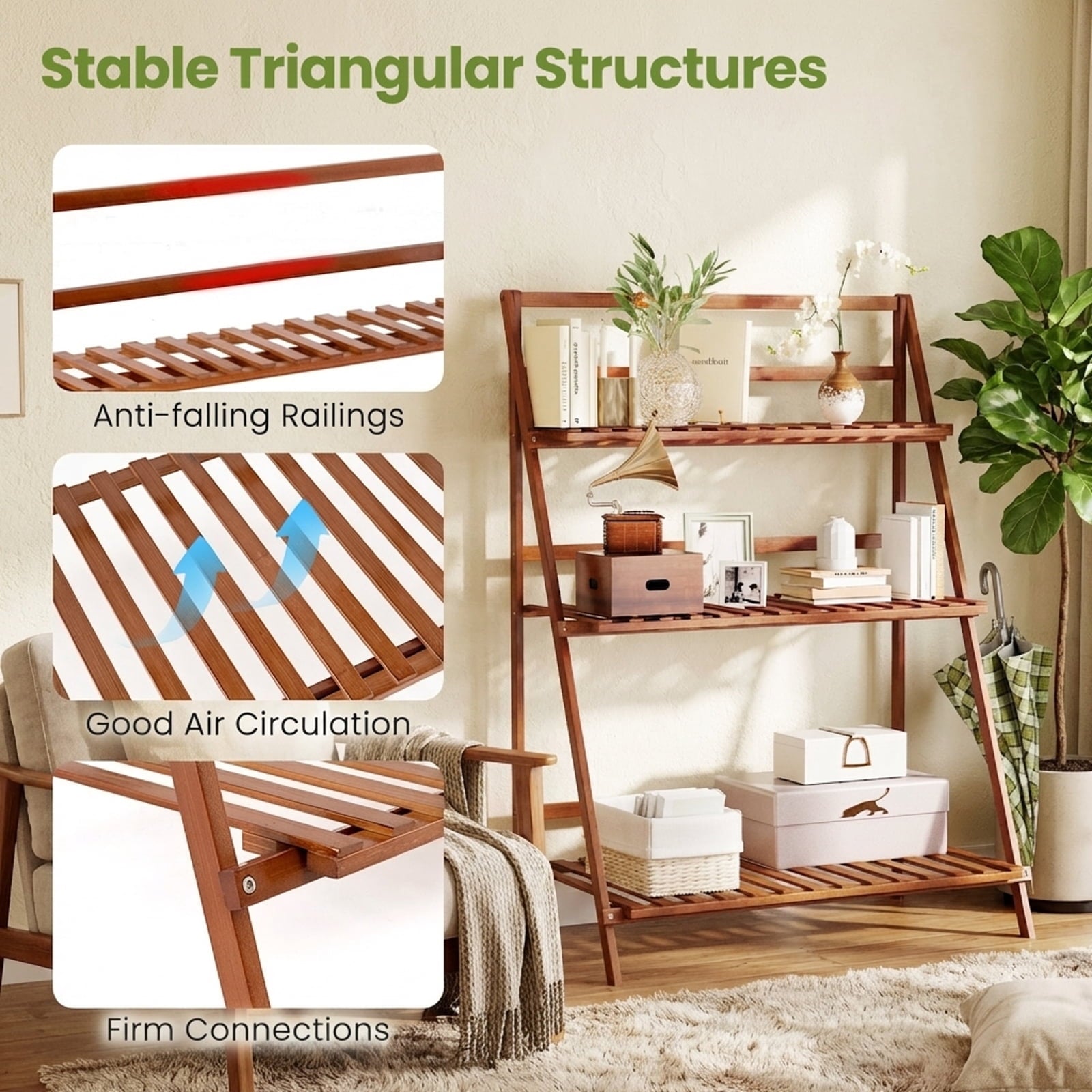 Biotree 3-Tier Bamboo Plant Stand Foldable Ladder Shelf Indoor Outdoor Flower Pot Display Rack Natural