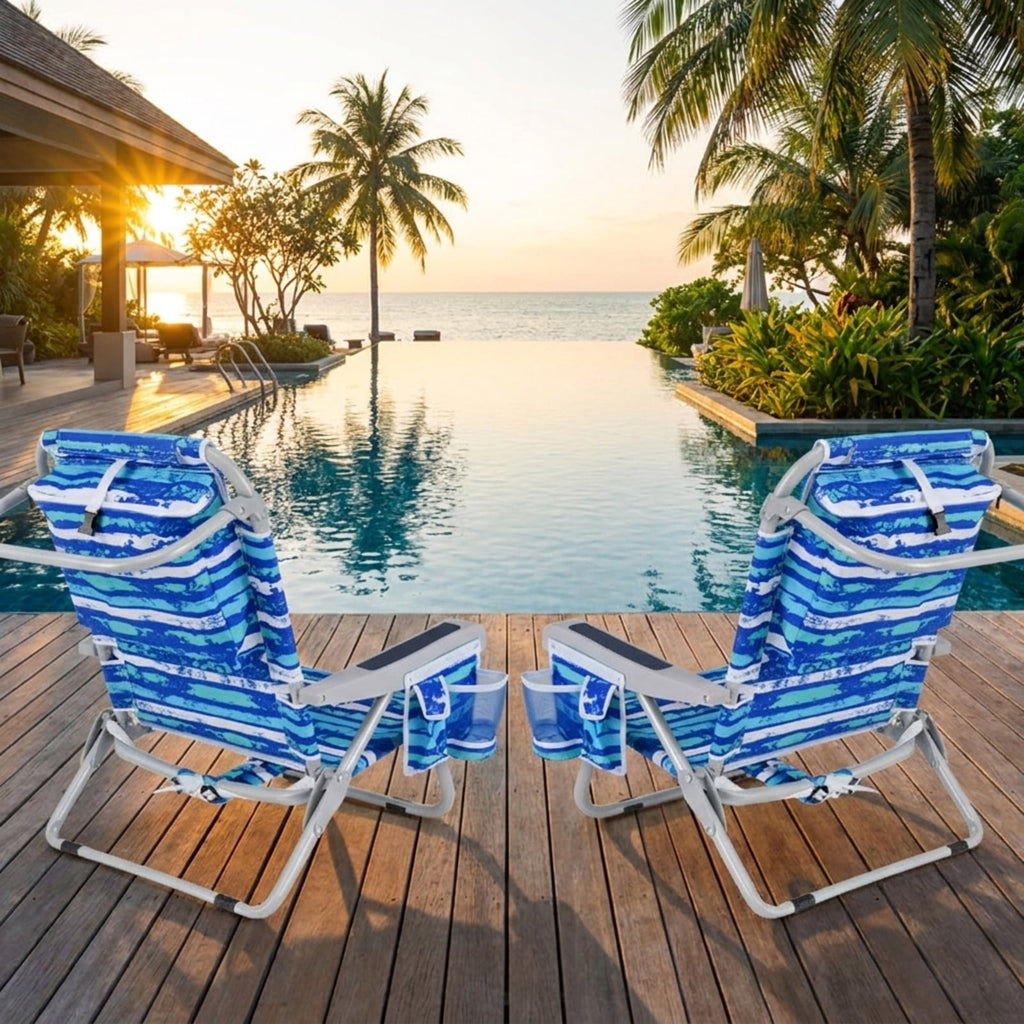 Biotree Foldable Backpack Beach Chair with Cup Holder and Storage Pockets Set of 2 Stackable Patio Chair for Garden BackyardNavy